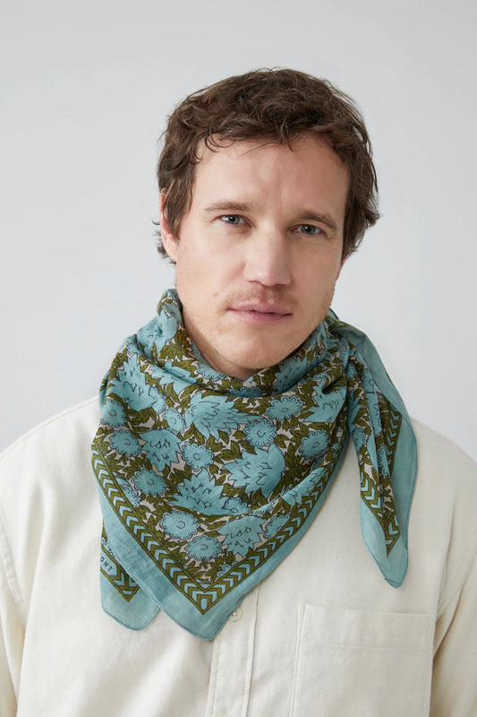 Moismont fine cotton Amber square scarf carre in Celeste blue.