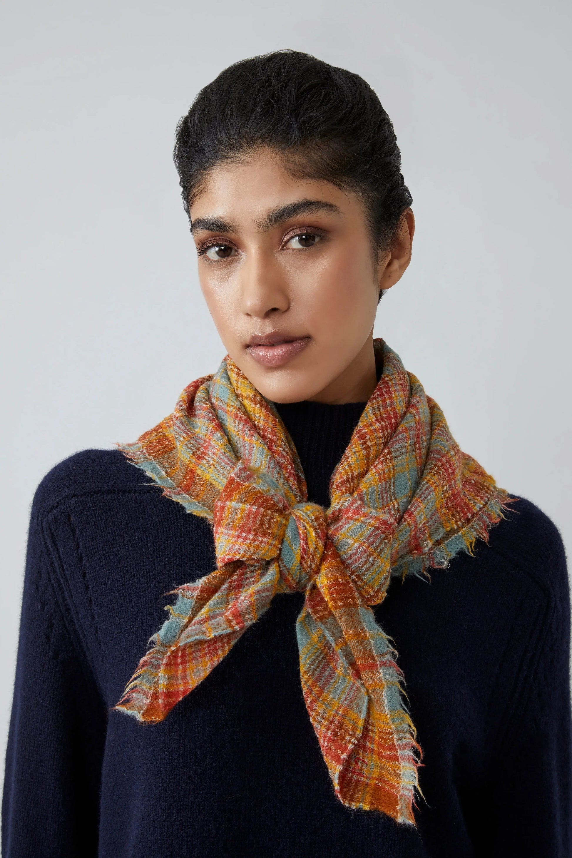 Moismont Stewart tartan fine wool scarf in Spice orange and blue check.