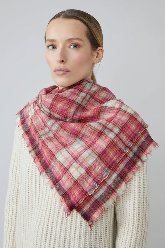 Moismont Stewart tartan fine wool scarf in Azalea pink check.