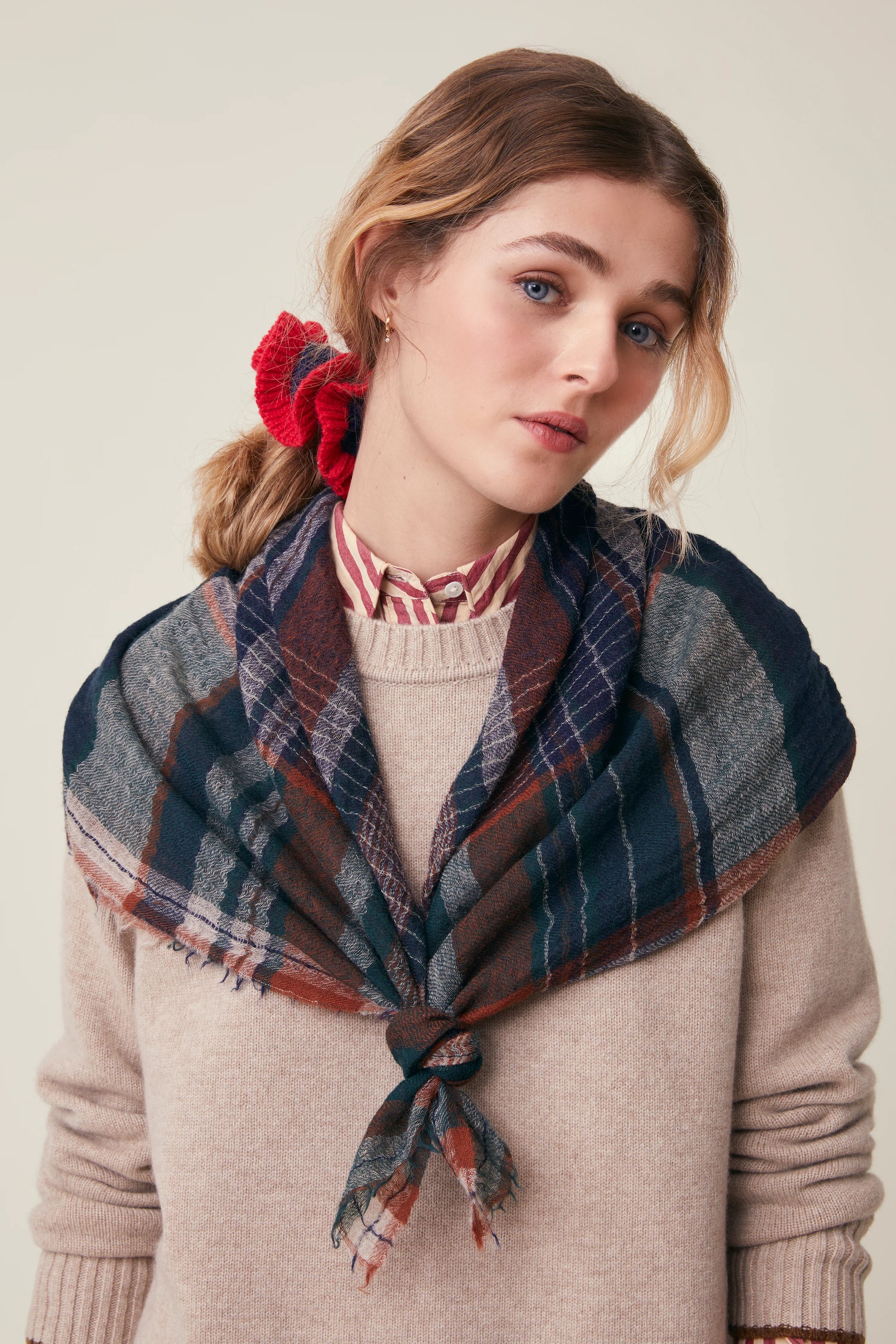 Moismont pure wool tartan Chai scarf in Celtic, navy, brown, and cream.