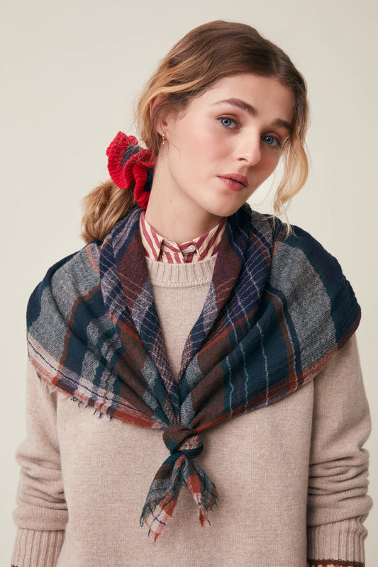 Moismont pure wool tartan Chai scarf in Celtic, navy, brown, and cream.