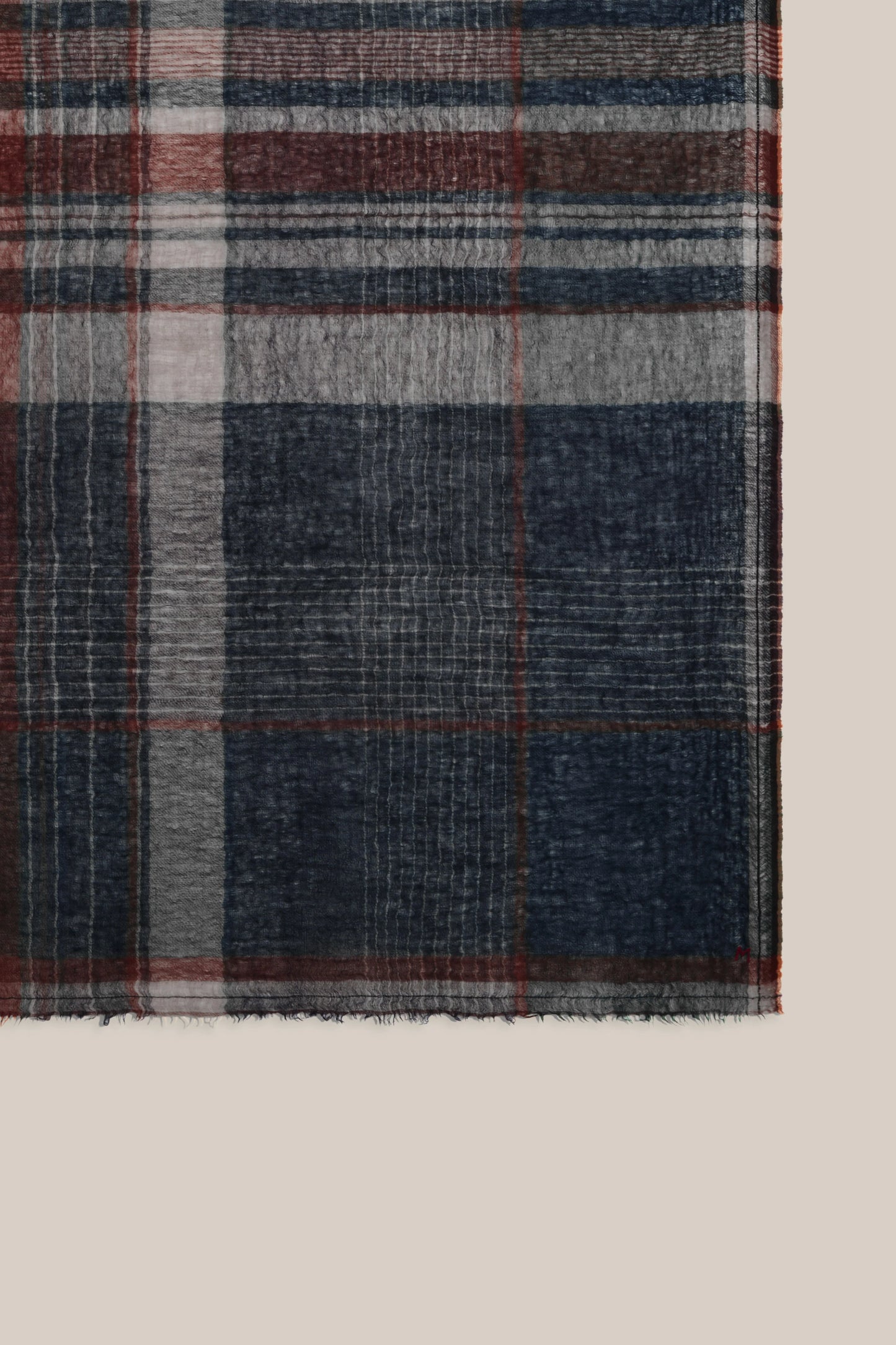 Moismont pure wool tartan Chai scarf in Celtic, navy, brown, and cream.