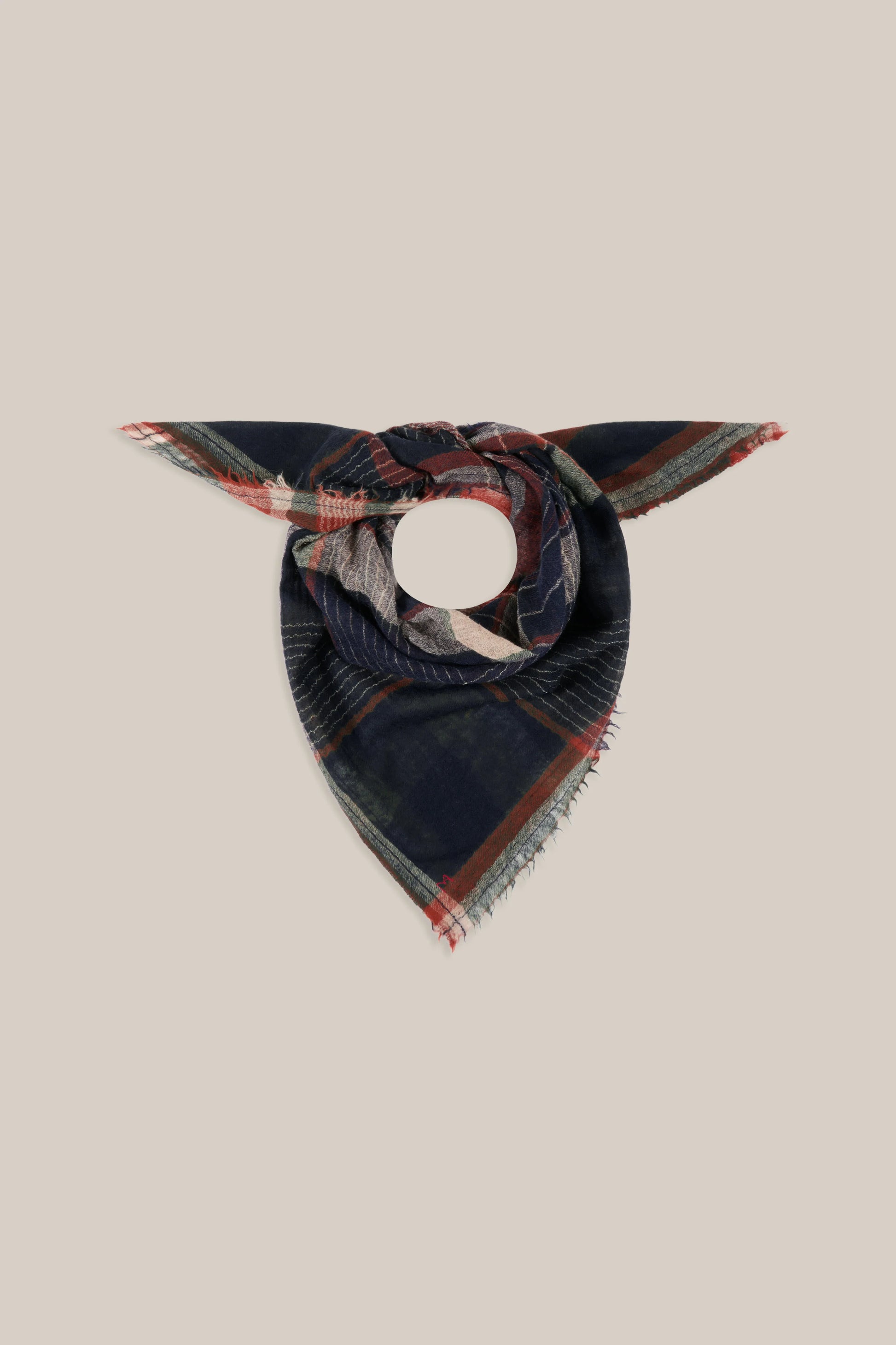 Moismont pure wool tartan Chai scarf in Celtic, navy, brown, and cream.