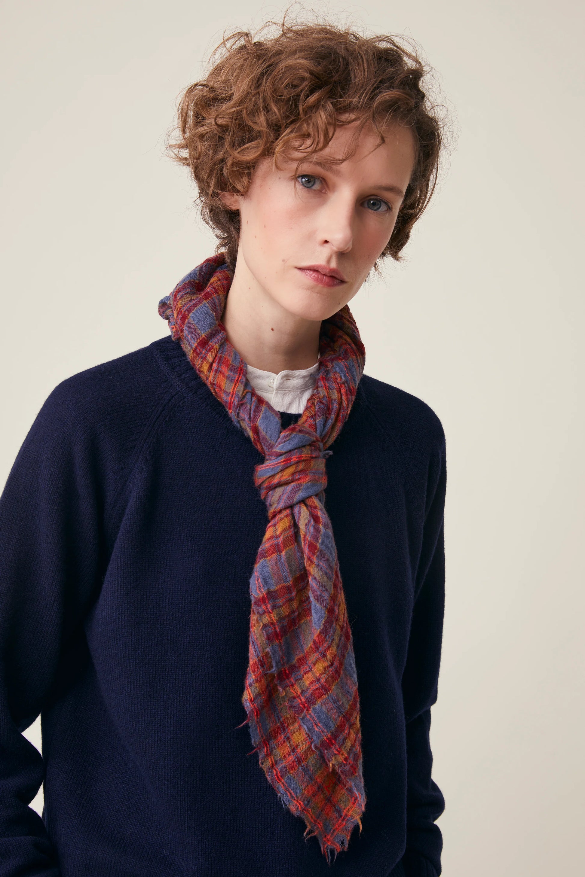 Moismont pure wool square Magda scarf in blue, burgundy and red.