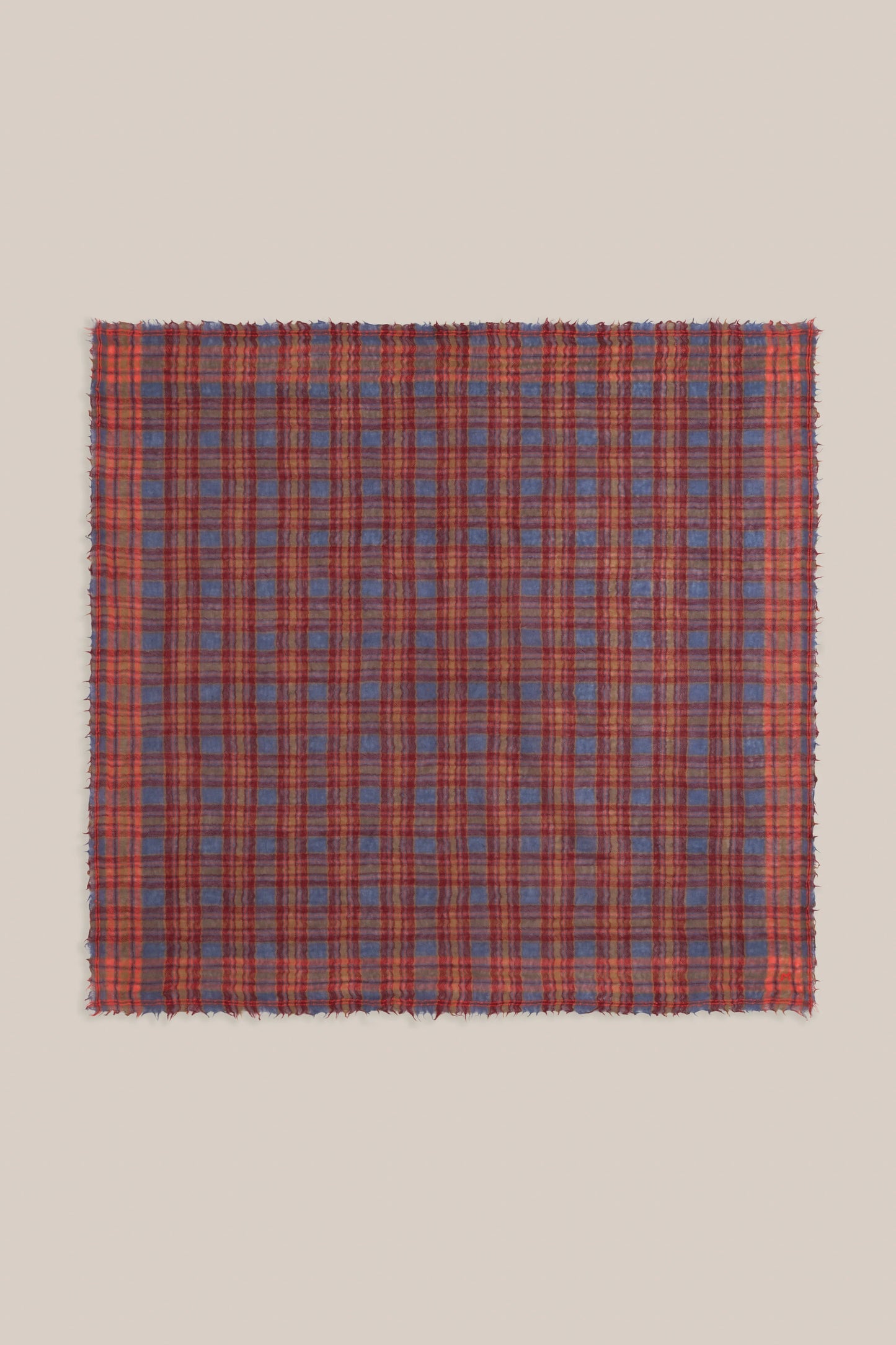 Moismont pure wool square Magda scarf in blue, burgundy and red.