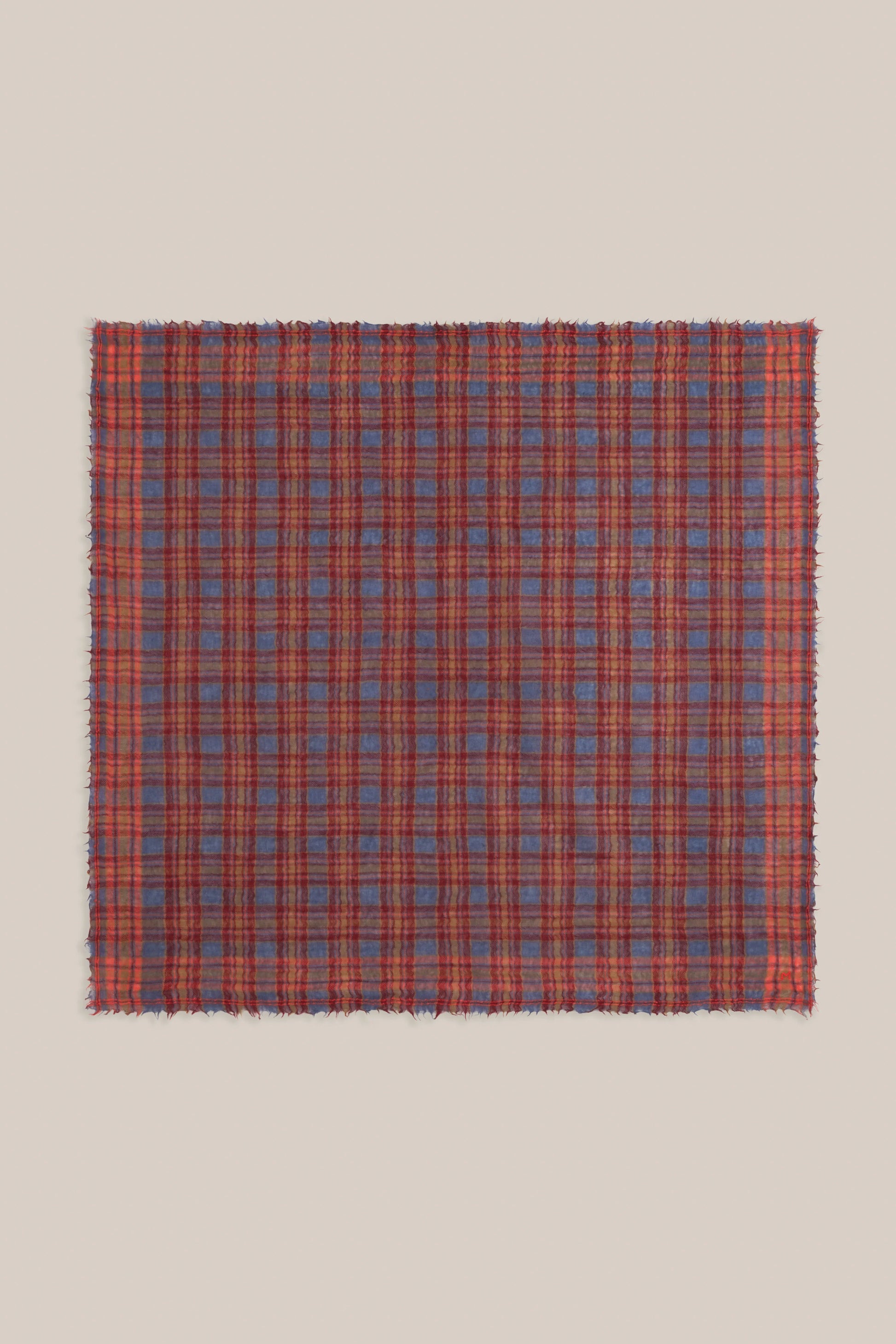 Moismont pure wool square Magda scarf in blue, burgundy and red.