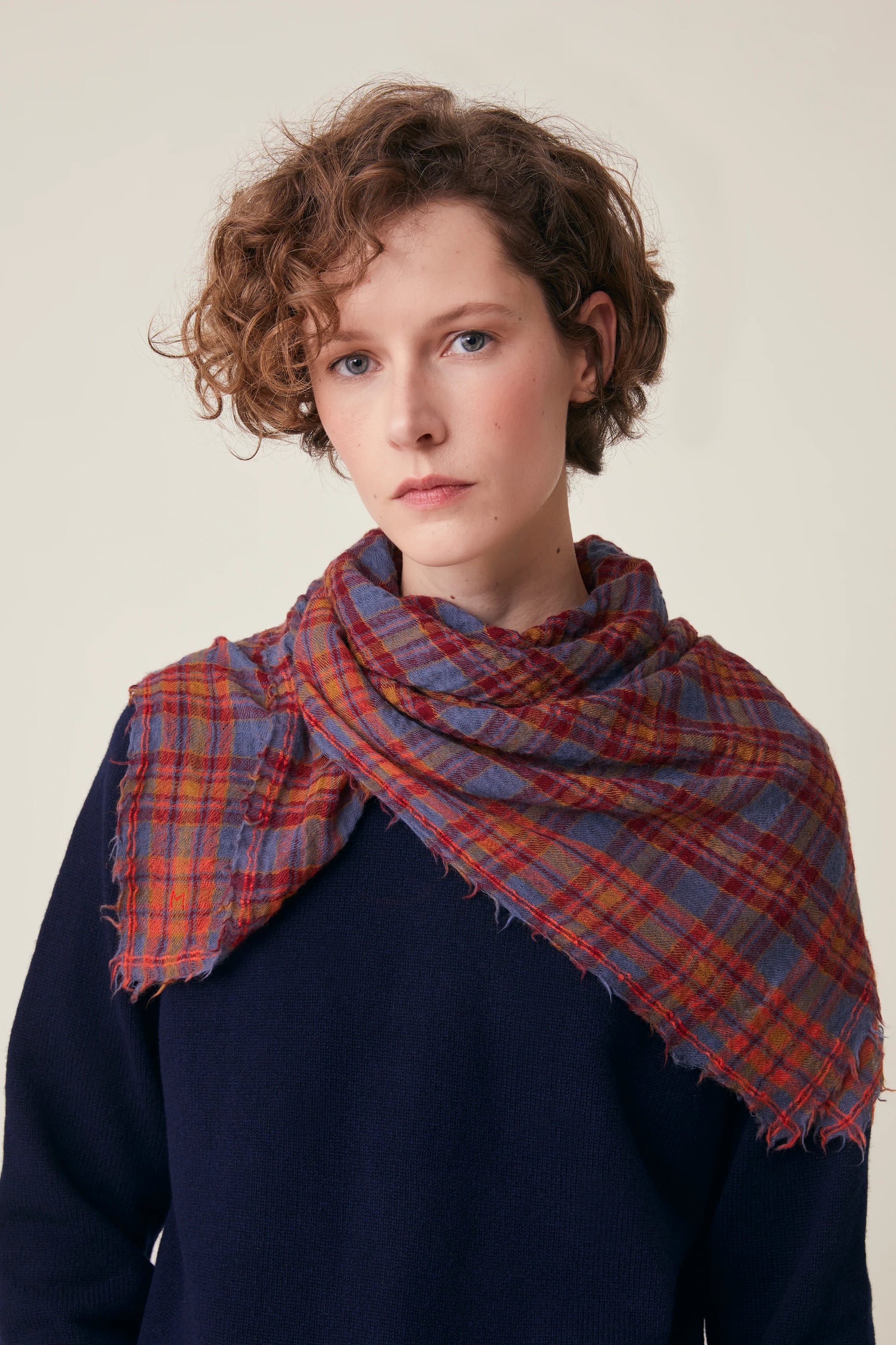 Moismont pure wool square Magda scarf in blue, burgundy and red.