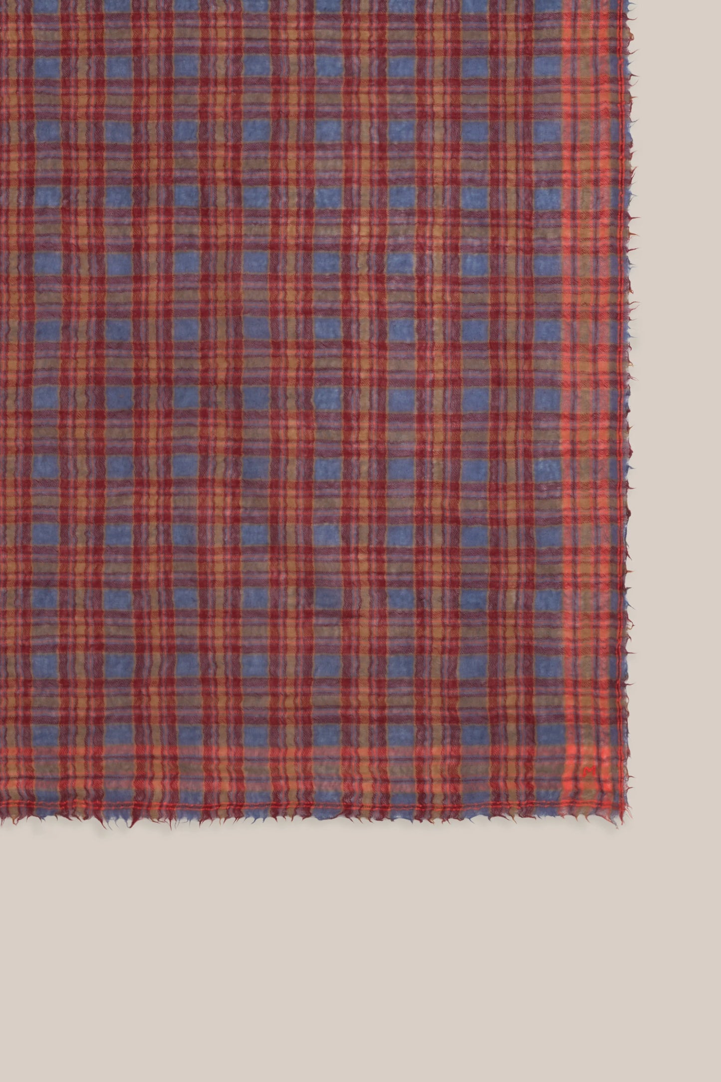 Moismont pure wool square Magda scarf in blue, burgundy and red.