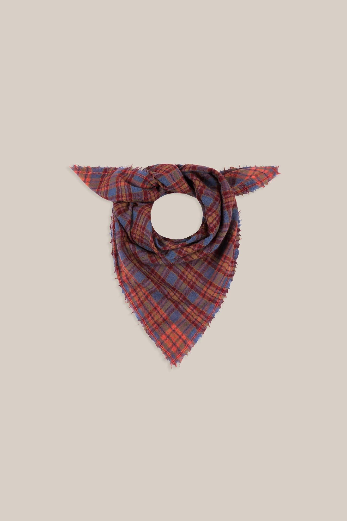 Moismont pure wool square Magda scarf in blue, burgundy and red.
