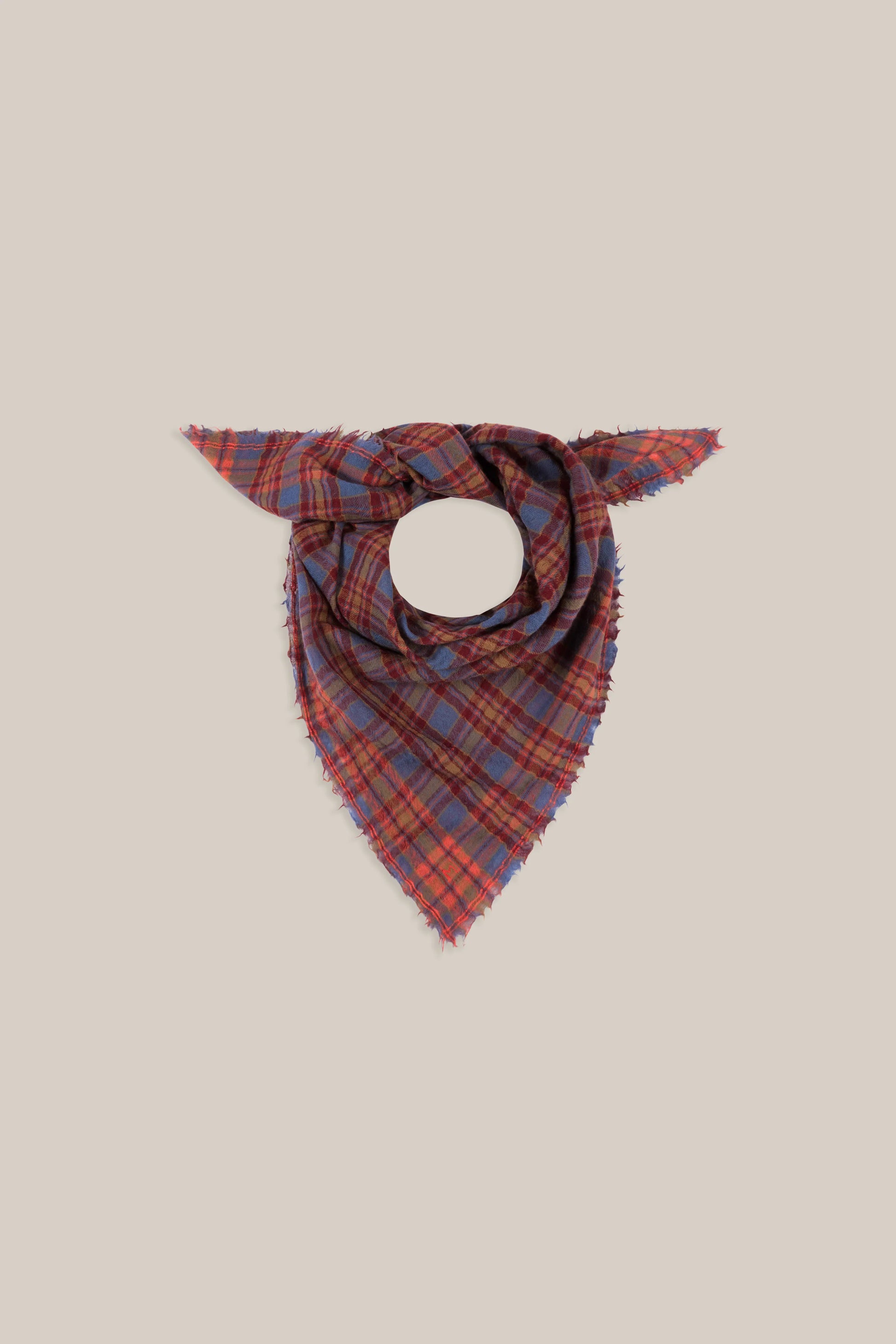 Moismont pure wool square Magda scarf in blue, burgundy and red.