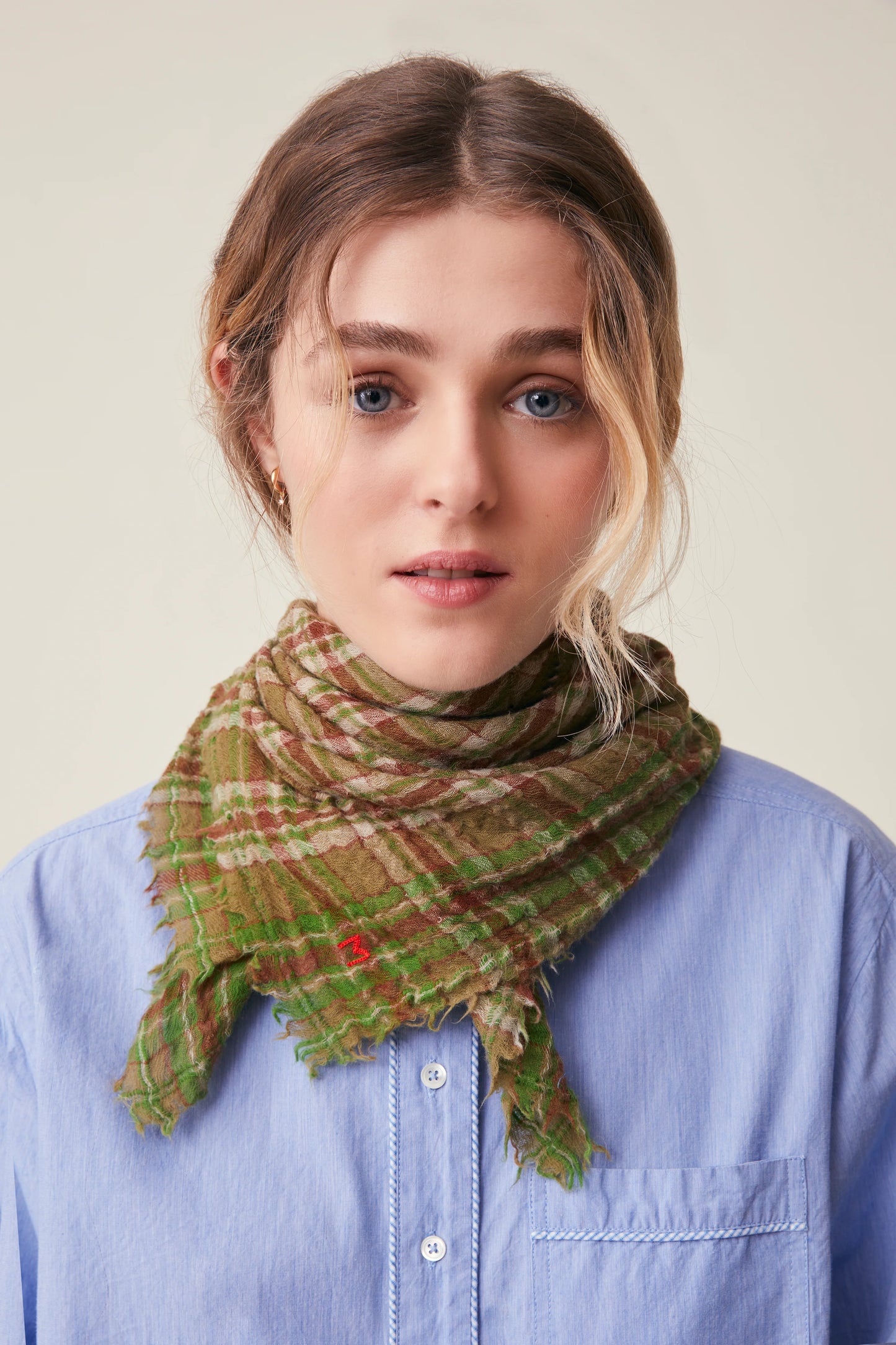 Moismont pure wool square Magda scarf in green and brown.