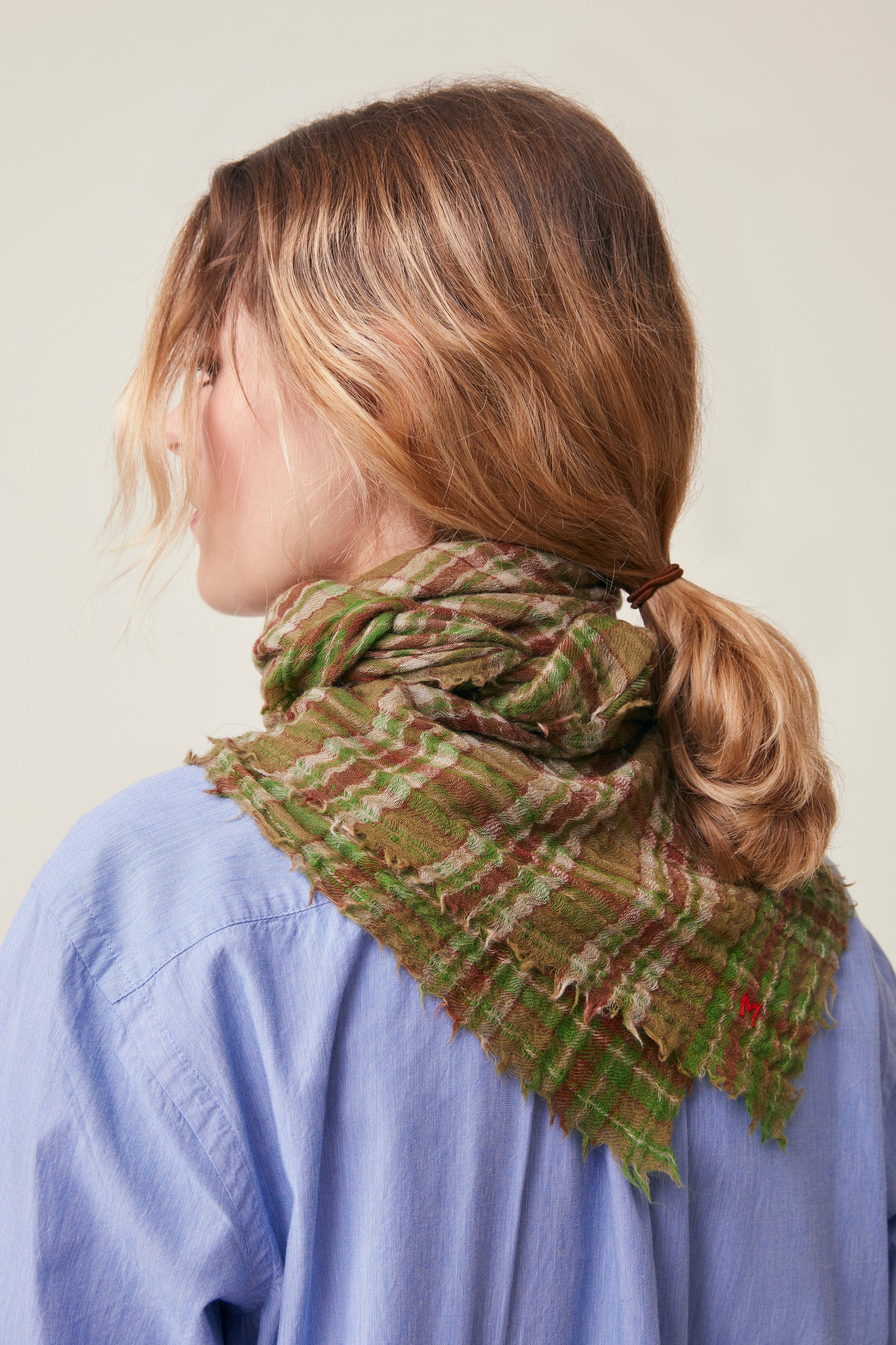 Moismont pure wool square Magda scarf in green and brown.