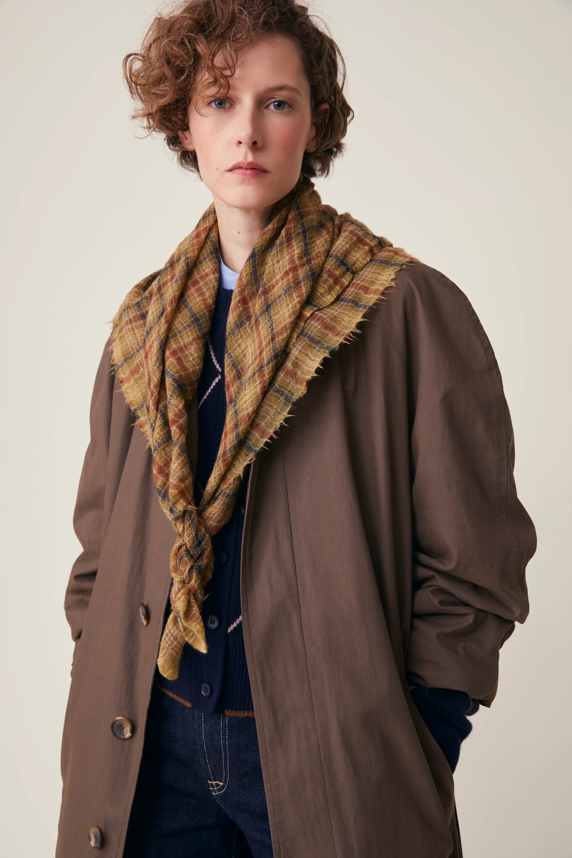 Moismont pure wool square Edimbourg scarf in mustard yellow and brown.