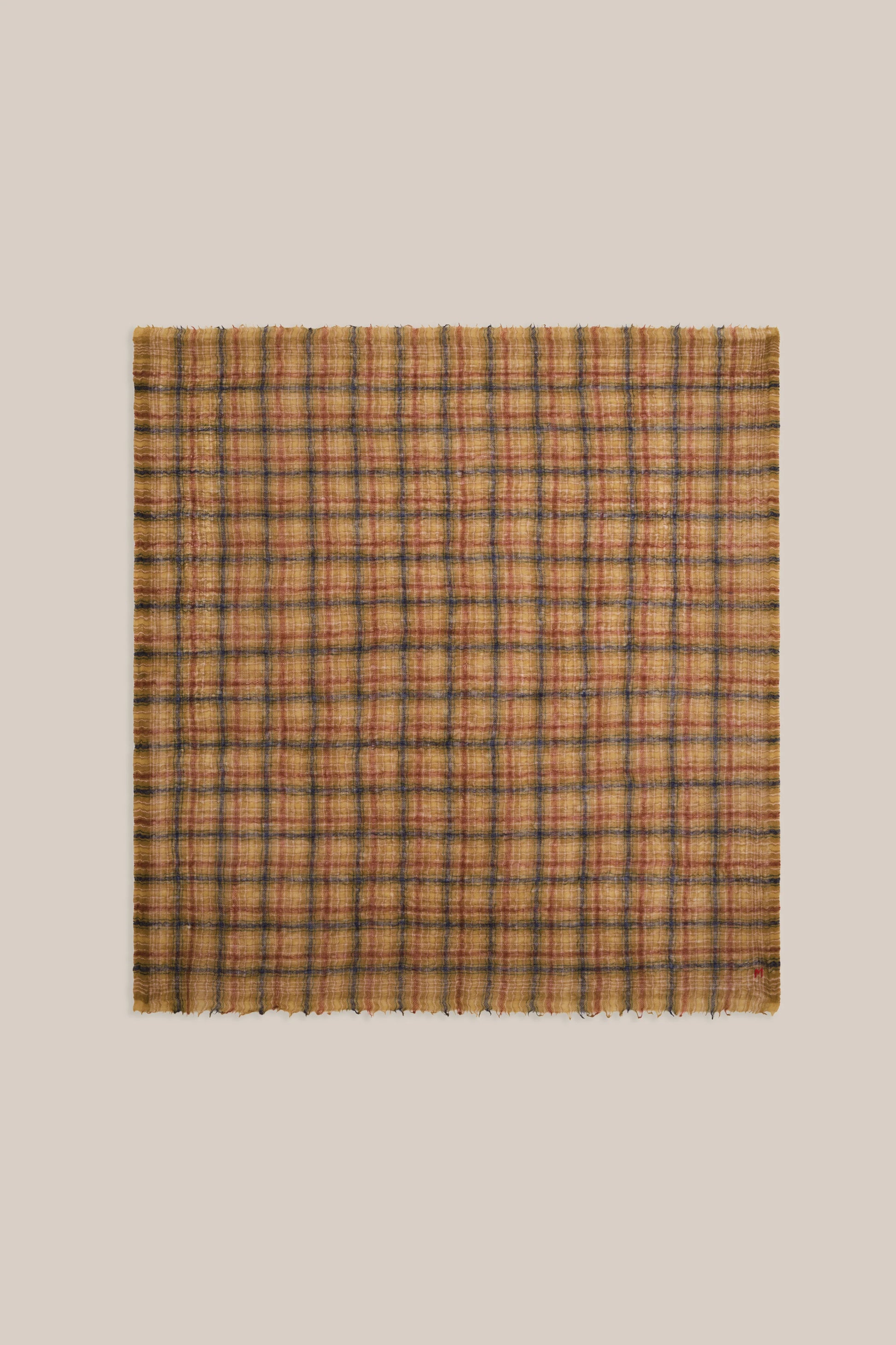 Moismont pure wool square Edimbourg scarf in mustard yellow and brown.