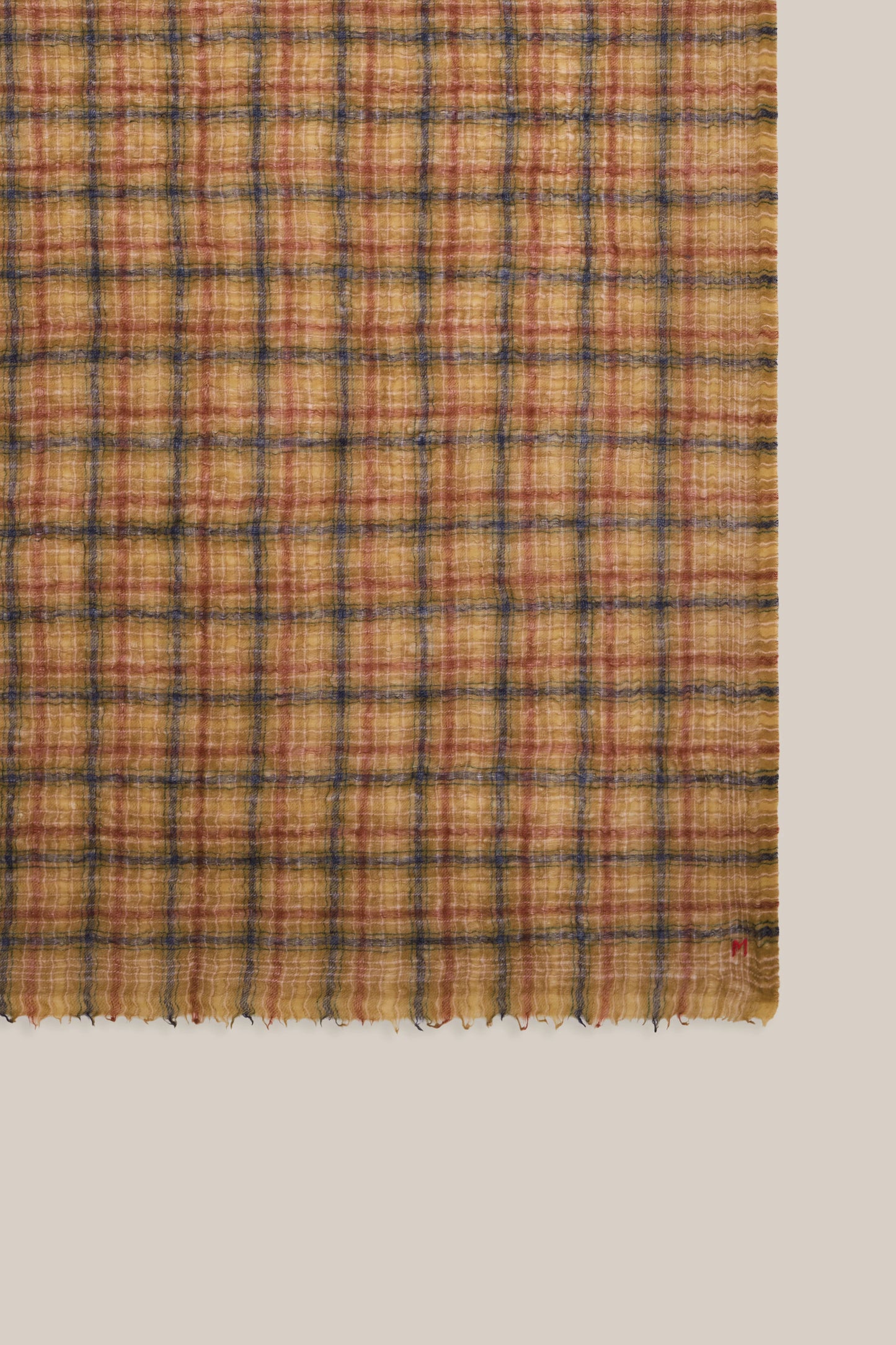 Moismont pure wool square Edimbourg scarf in mustard yellow and brown.
