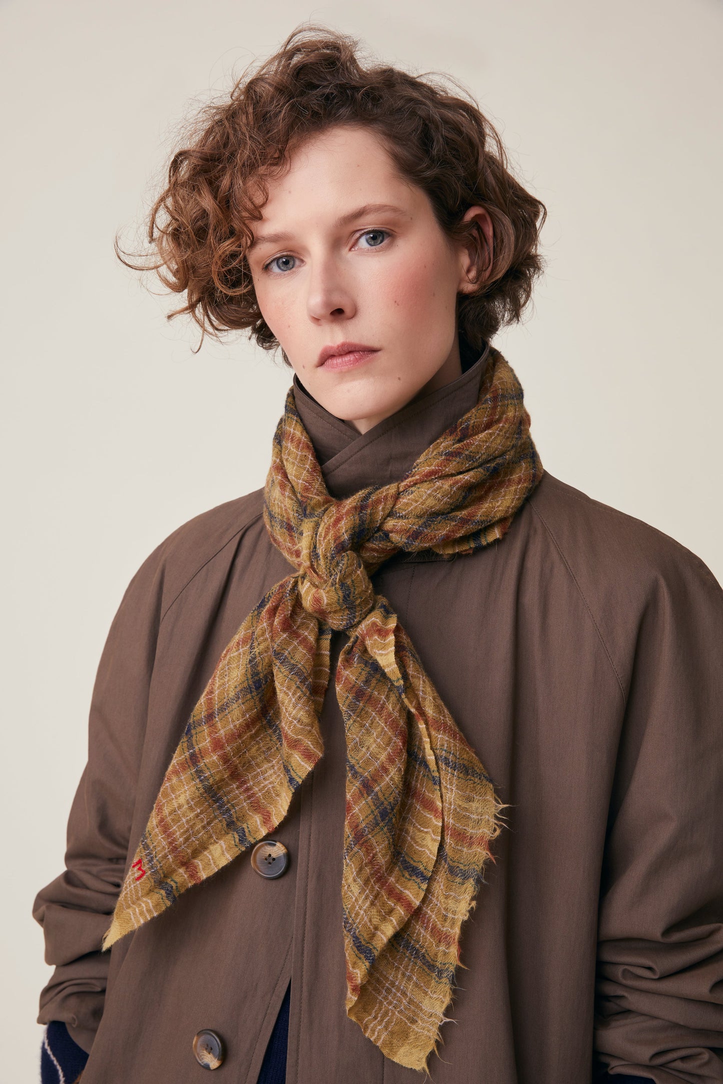 Moismont pure wool square Edimbourg scarf in mustard yellow and brown.