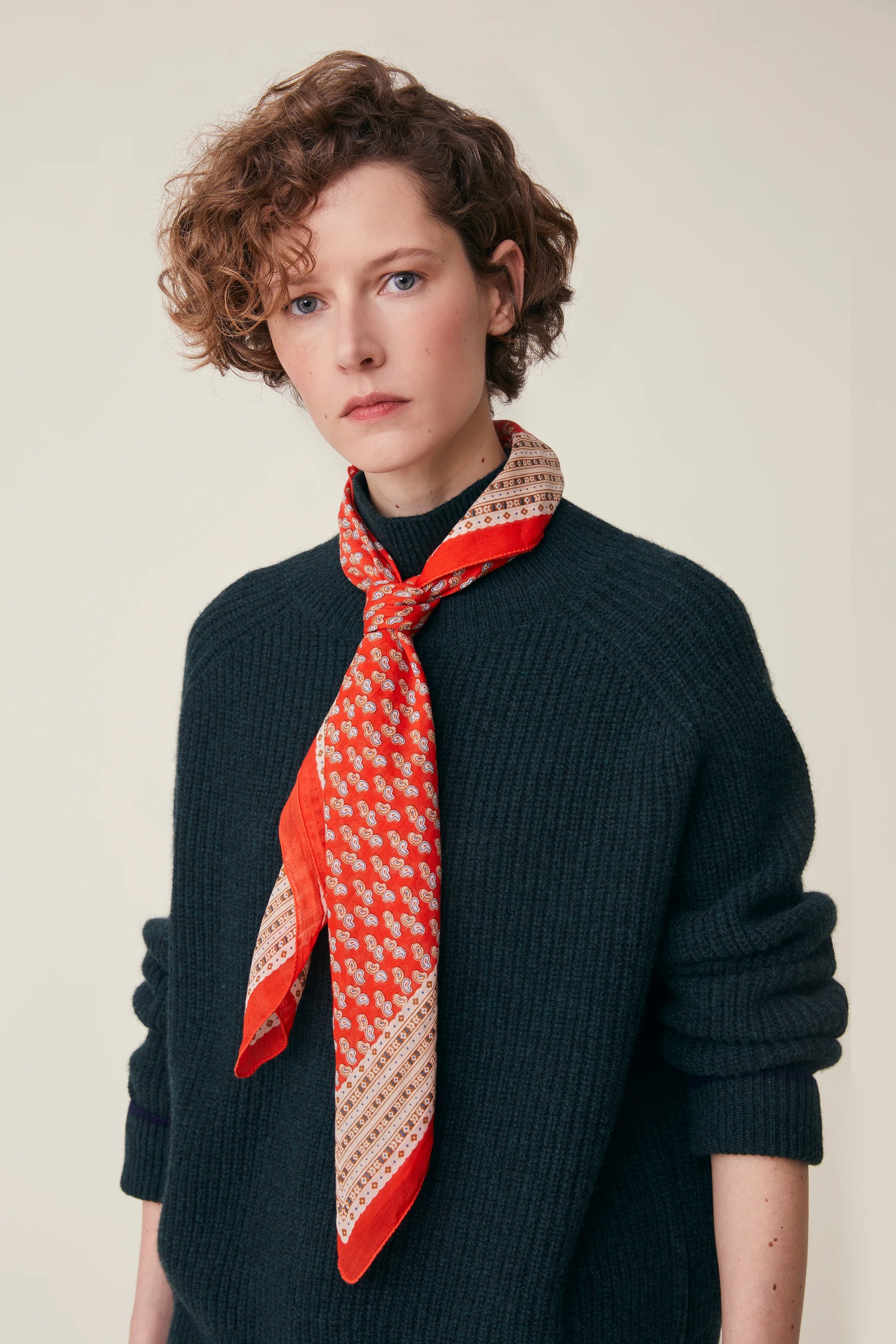 Moismont fine cotton paisley scarf Phedre in orange and white.