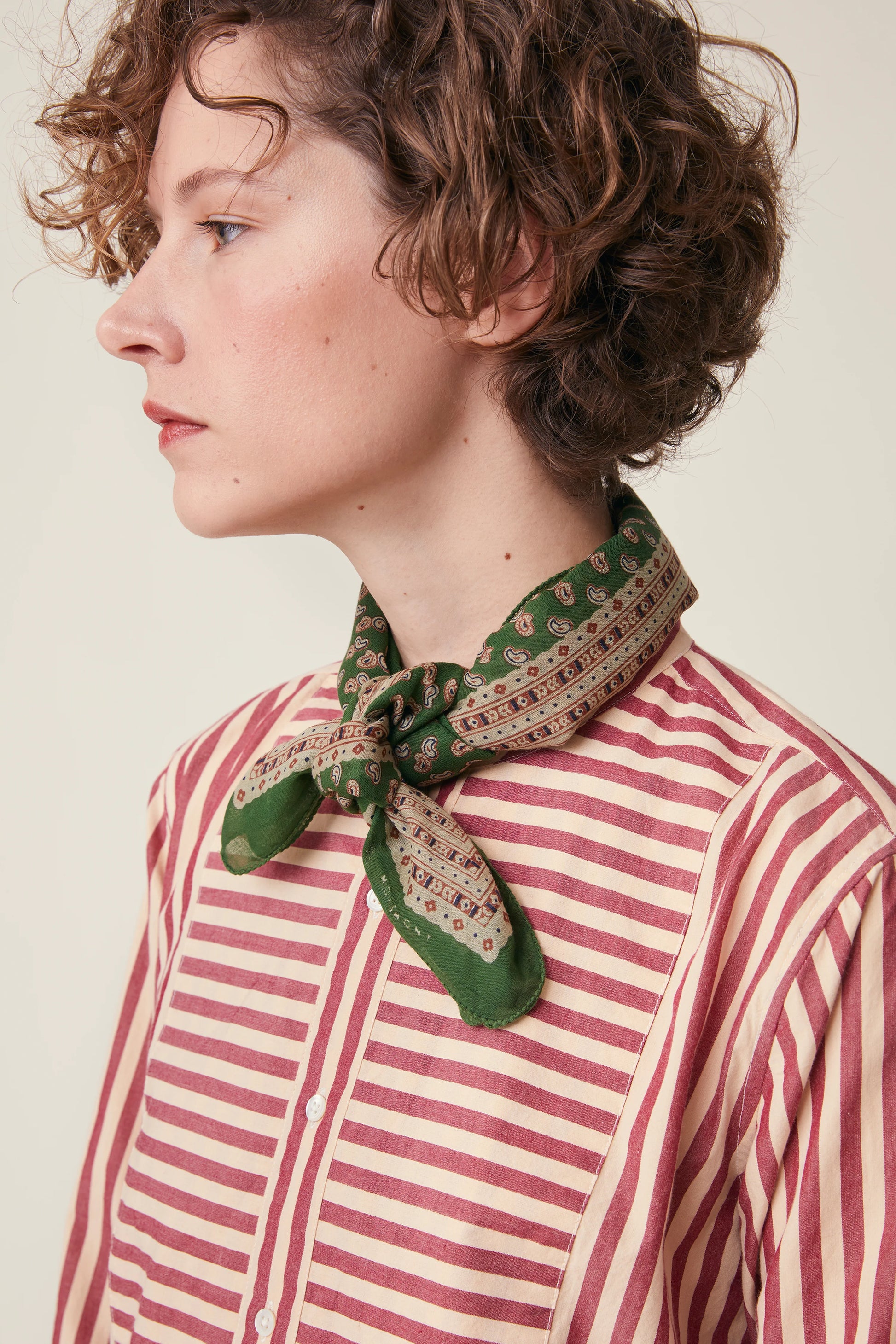 Moismont fine cotton paisley scarf Phedre in green, brown and taupe.