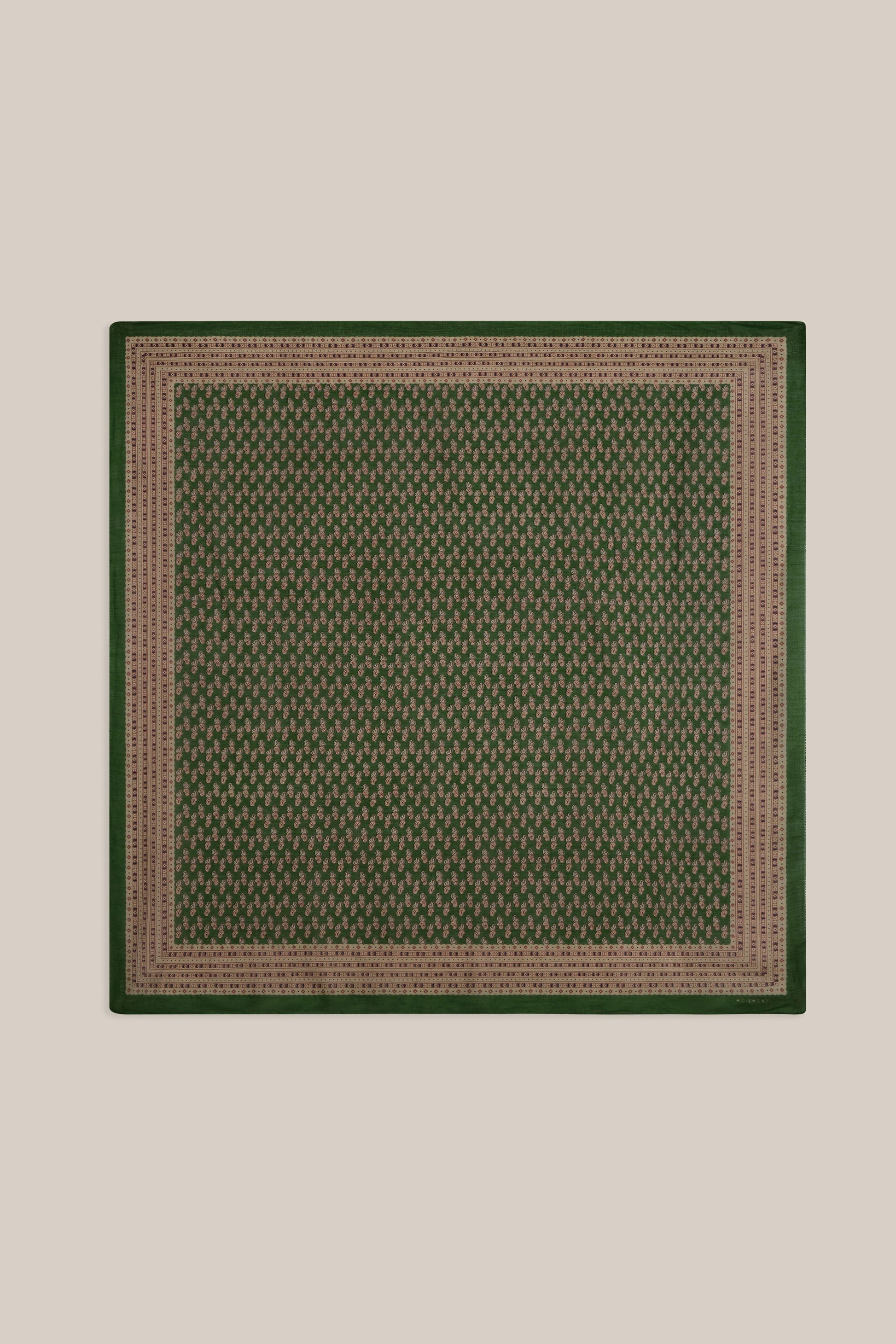 Moismont fine cotton paisley scarf Phedre in green, brown and taupe.