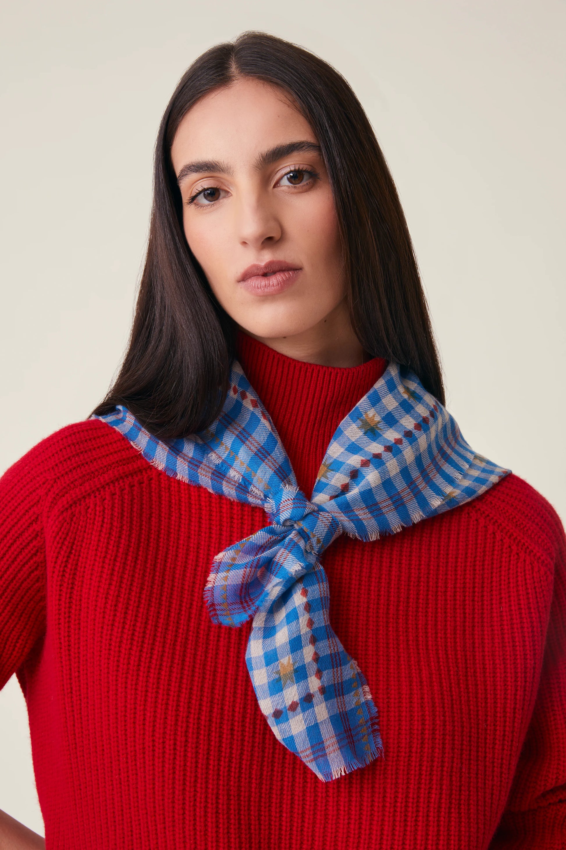 Moismont pure wool square Galopin scarf gingham, Circus in blue and white with red pattern.
