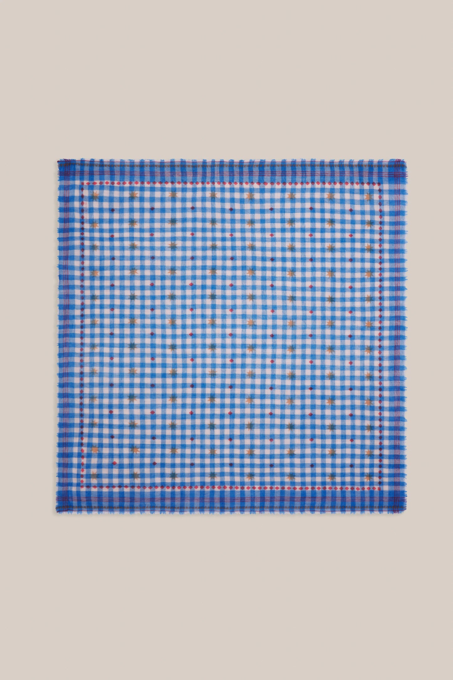 Moismont pure wool square Galopin scarf gingham, Circus in blue and white with red pattern.