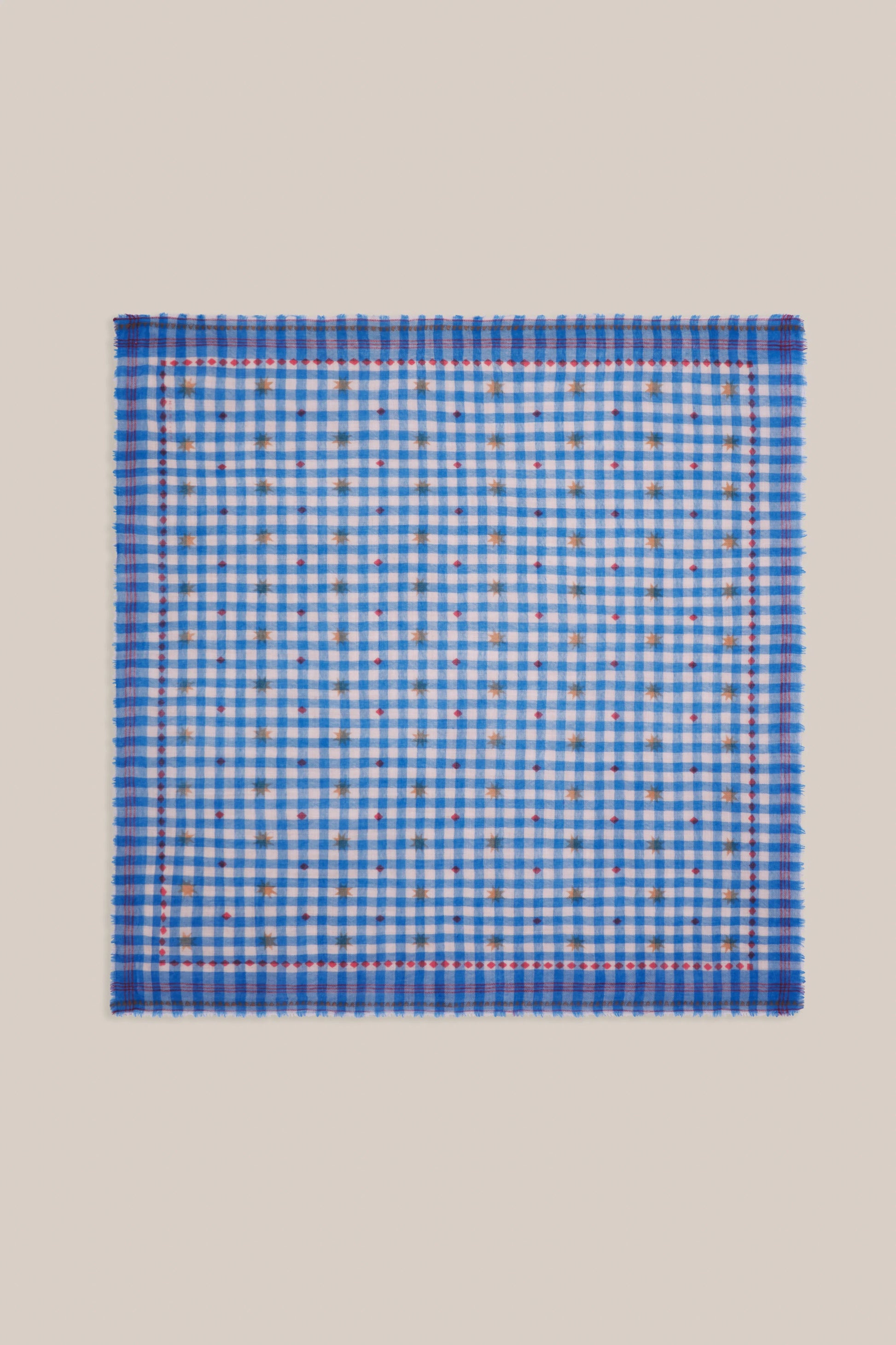 Moismont pure wool square Galopin scarf gingham, Circus in blue and white with red pattern.