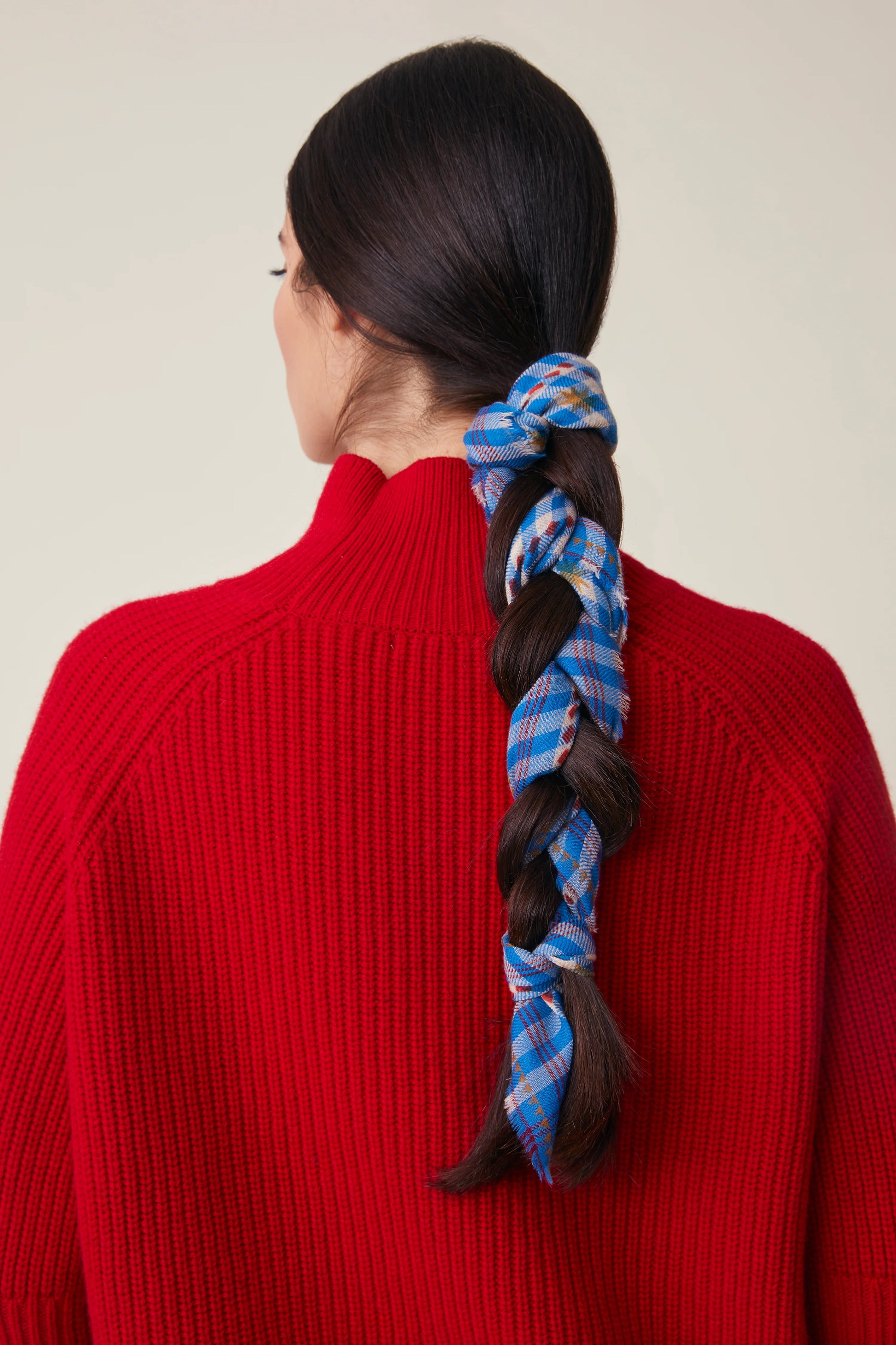 Moismont pure wool square Galopin scarf gingham, Circus in blue and white with red pattern.
