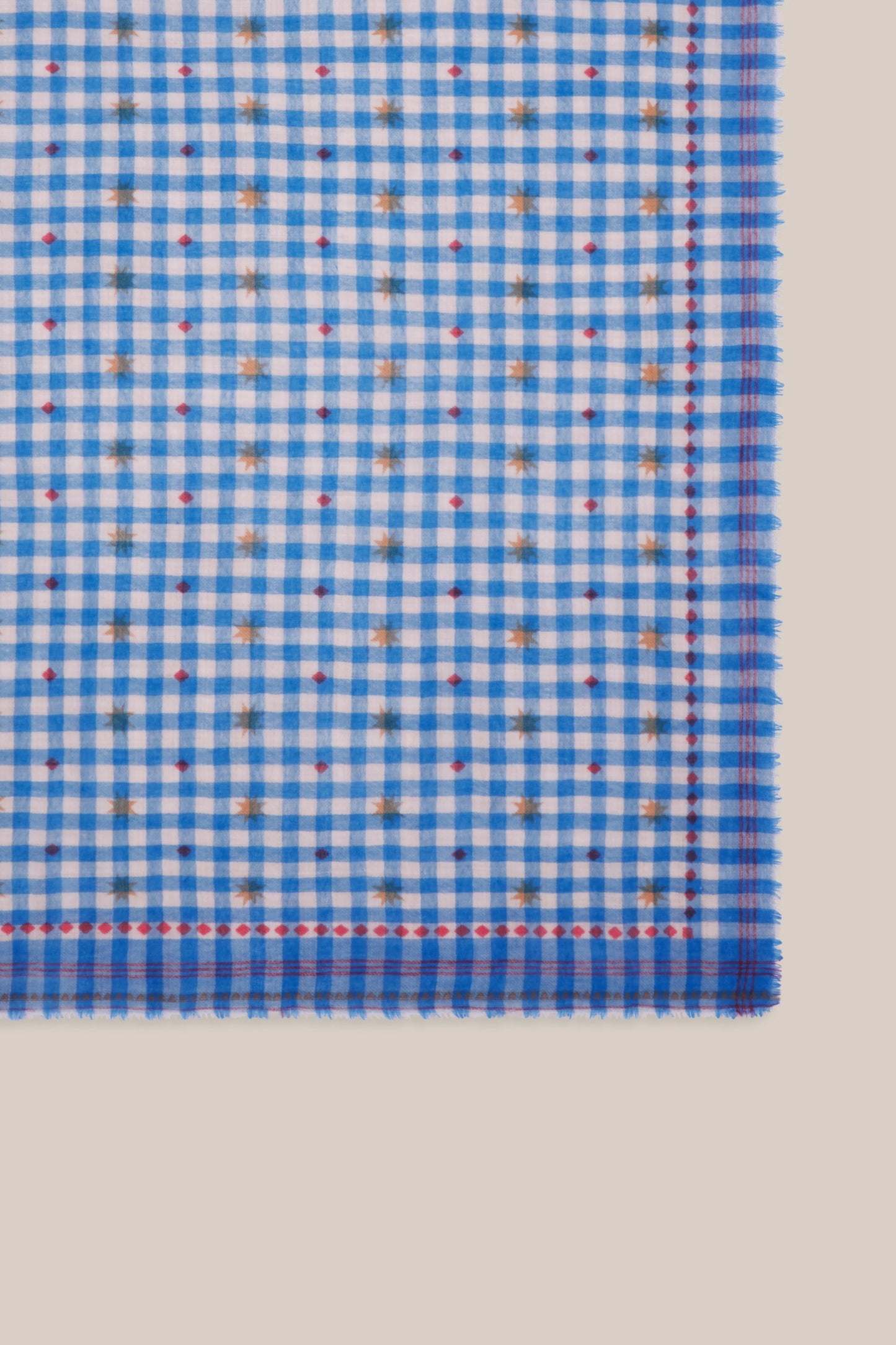 Moismont pure wool square Galopin scarf gingham, Circus in blue and white with red pattern.