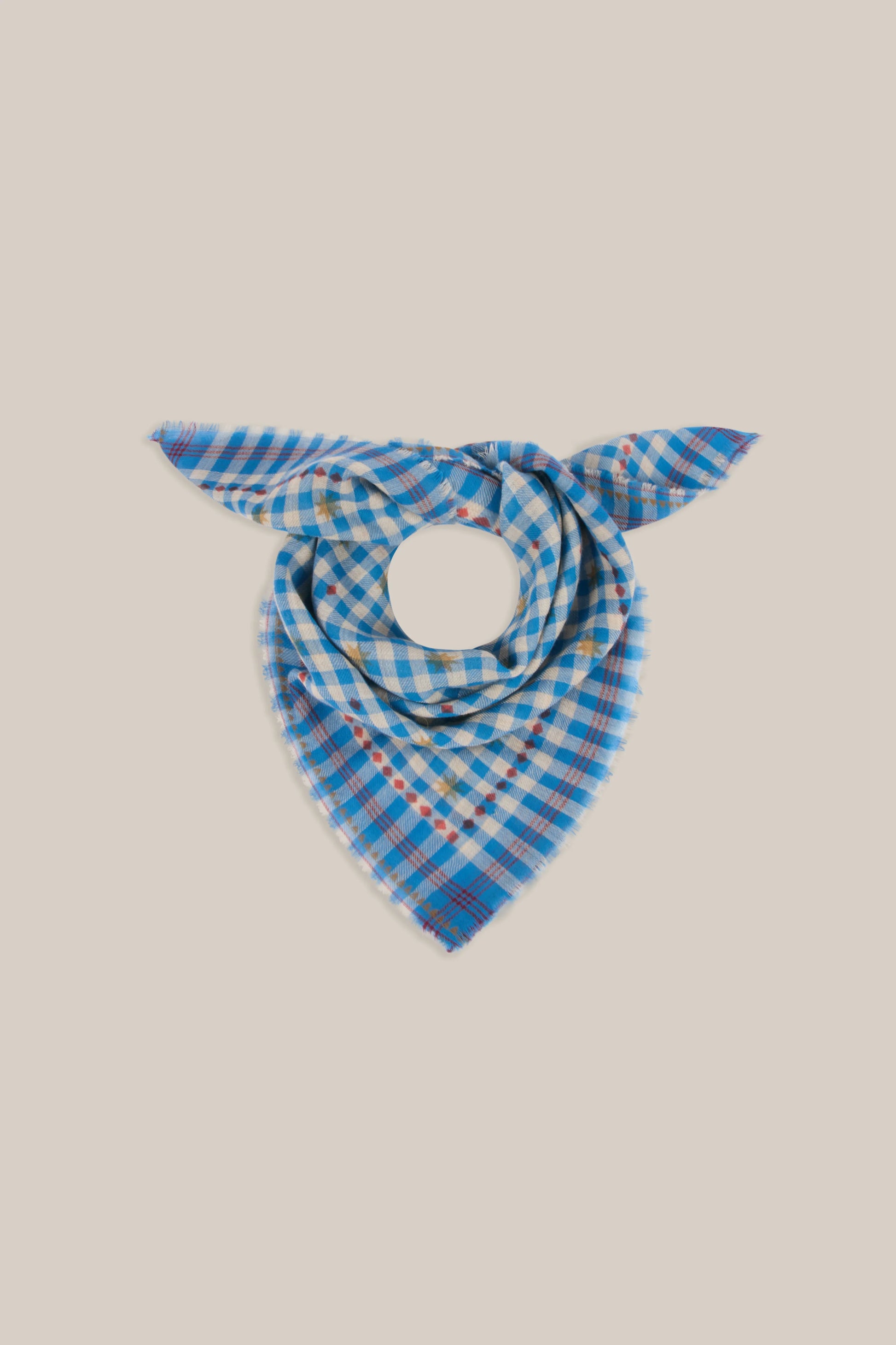 Moismont pure wool square Galopin scarf gingham, Circus in blue and white with red pattern.