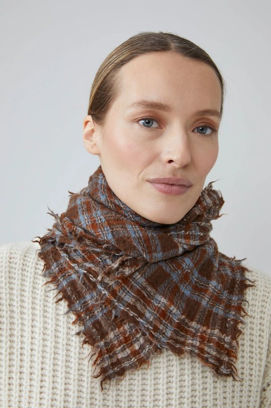 Moismont fine wool check Magda scarf in coffee.