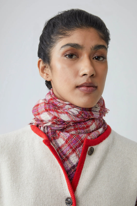 Moismont fine wool Magda scarf in lipstick pink plaid.