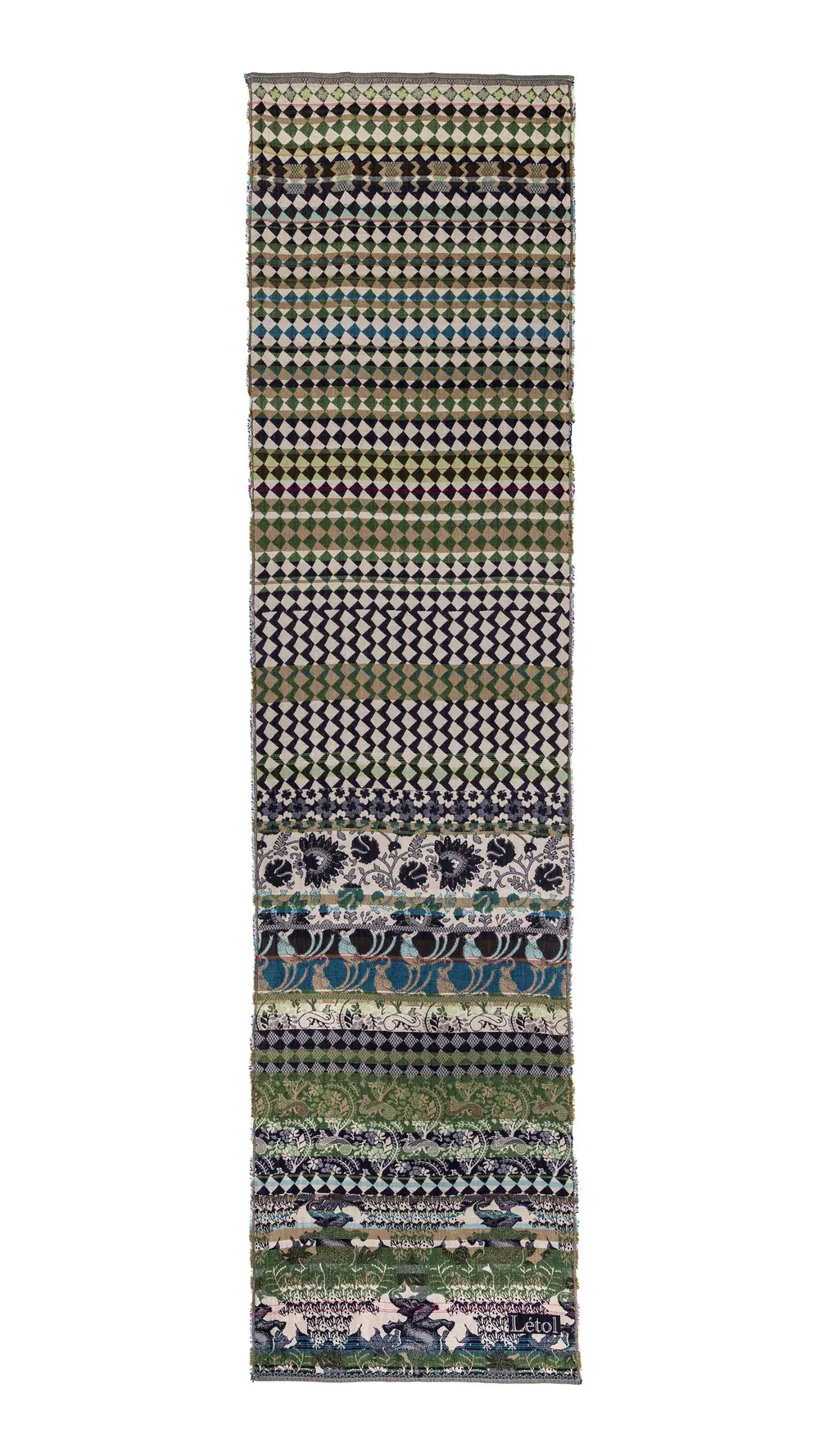 Letol organic cotton jacquard weave scarf in Felicien Indian design with elephants and check in black and green nuit jade. Full length.