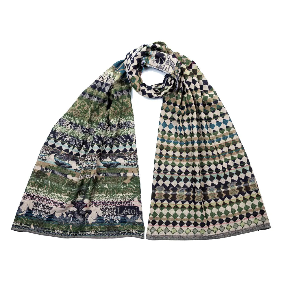 Letol organic cotton jacquard weave scarf in Felicien Indian design with elephants and check in black and green nuit jade.