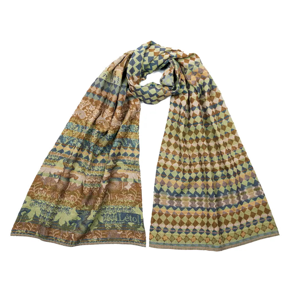 Letol organic cotton jacquard weave scarf Felicien Indian inspired with checks foliage and elephants in pickle green, brown and teal.