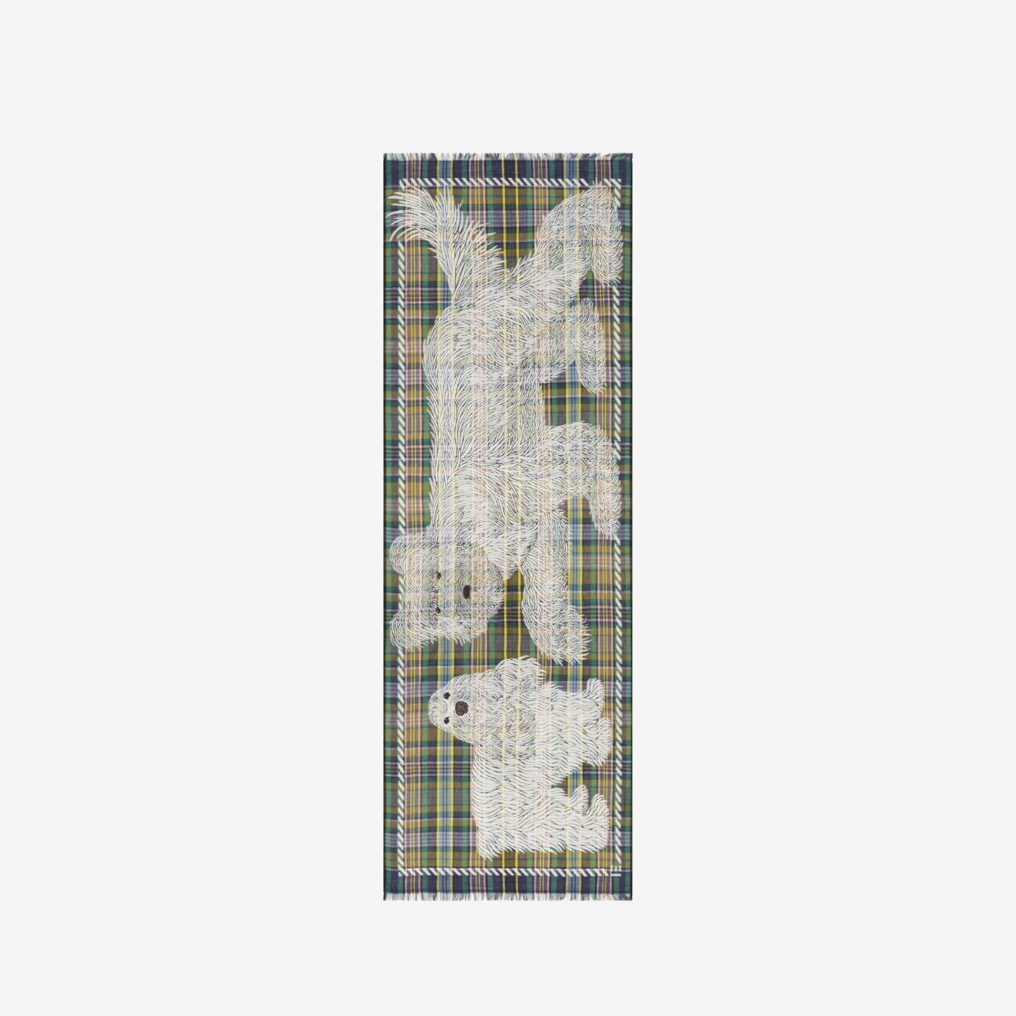Inoui Editions wool cotton blend plaid carf Freddy in khaki with two big dogs.