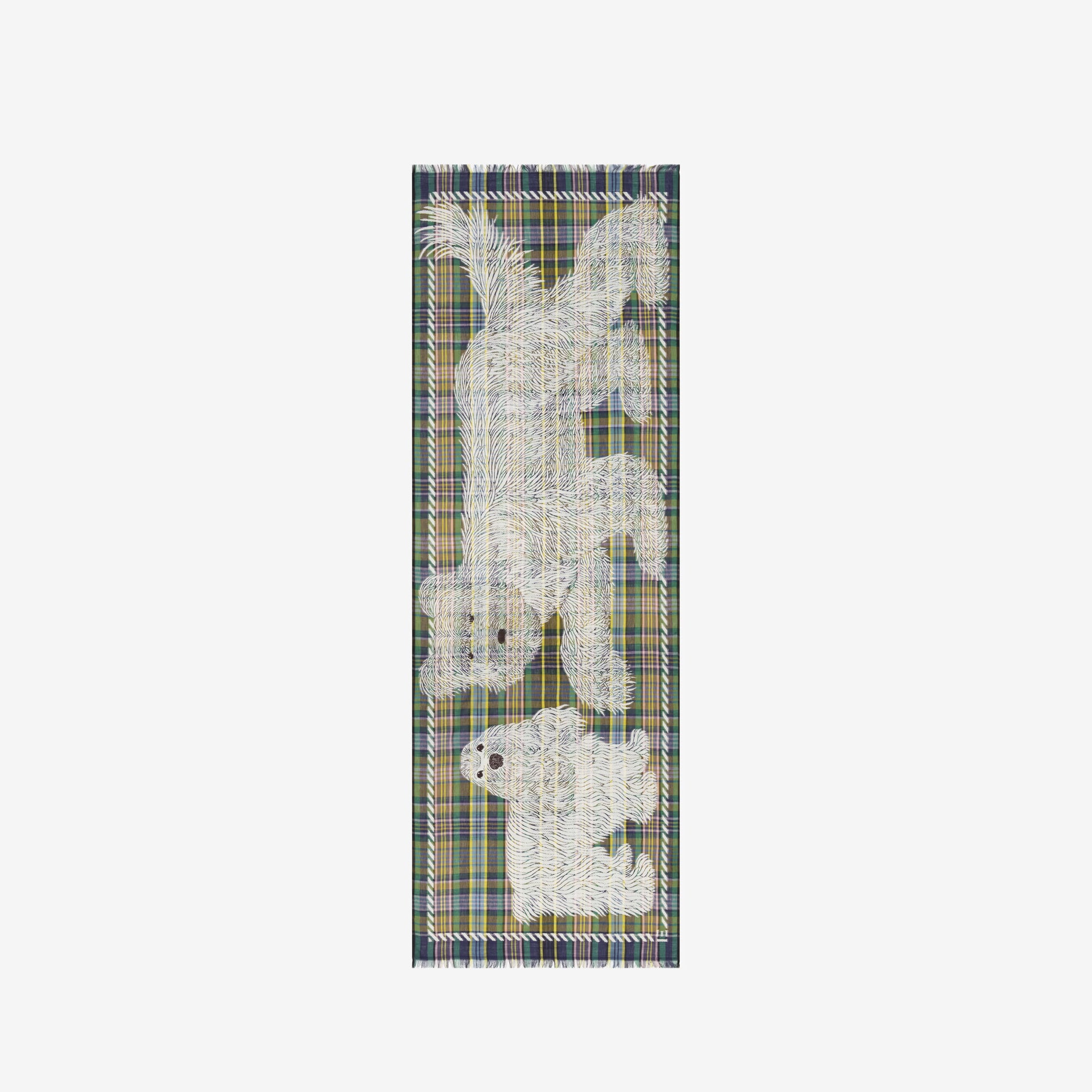 Inoui Editions wool cotton blend plaid carf Freddy in khaki with two big dogs.