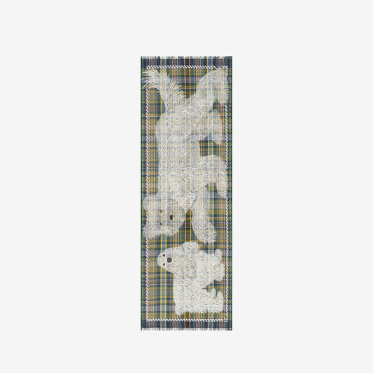 Inoui Editions wool cotton blend plaid carf Freddy in khaki with two big dogs.