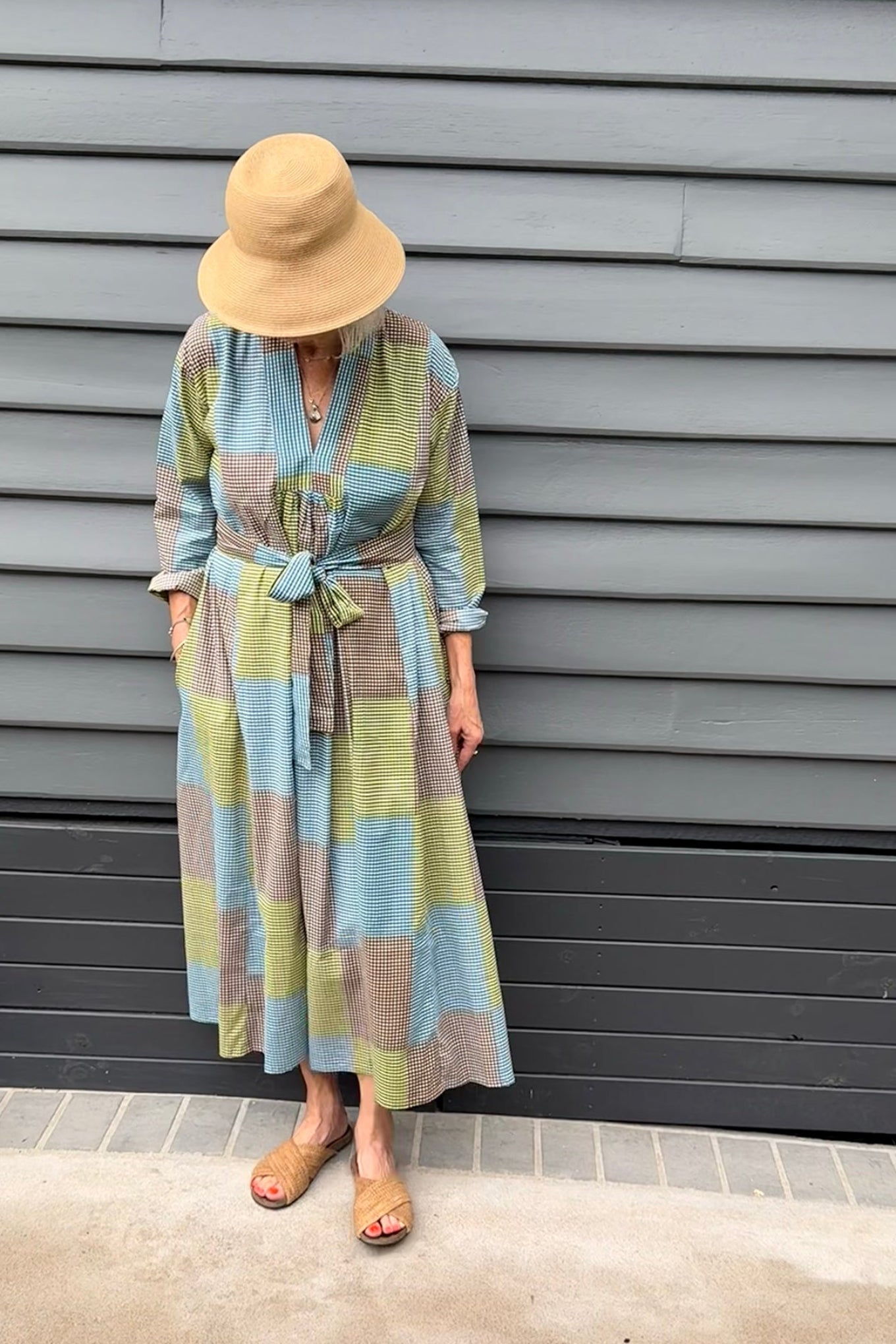 Multi-check multi-coloured long sleeved maxi tunic cotton dress.