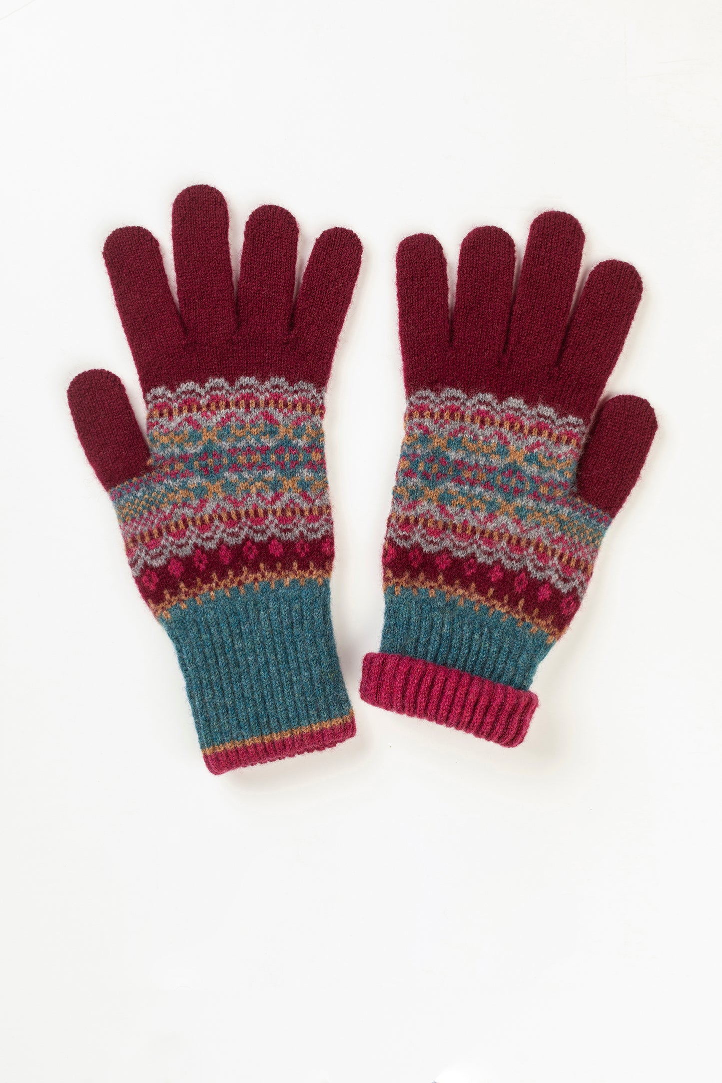 Eribe fairisle Alloa glove in Velvet - burgundy, blue and pink.