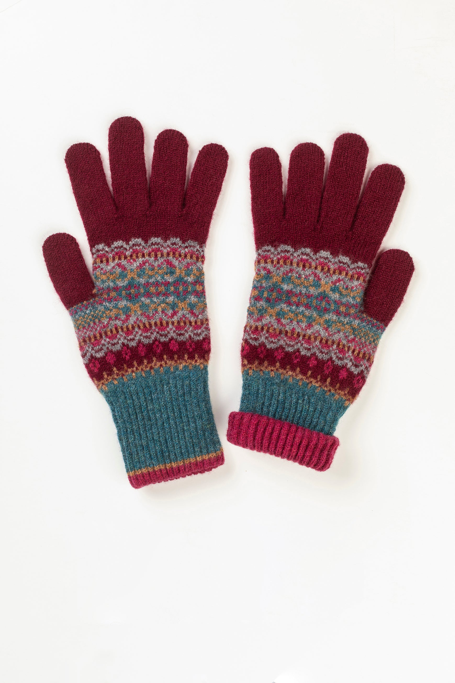 Eribe fairisle Alloa glove in Velvet - burgundy, blue and pink.