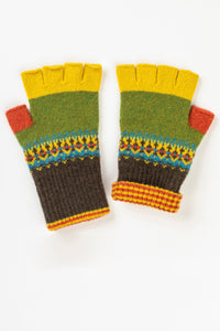 Eribe Alloa fairisle fingerless gloves in October, olive green, yellow and rust.