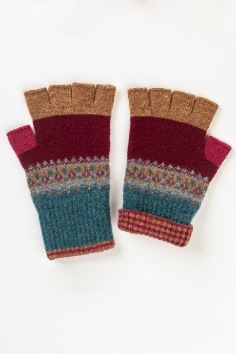 Eribe Alloa fairisle fingerless gloves in Velvet - pink, burgundy and blue.