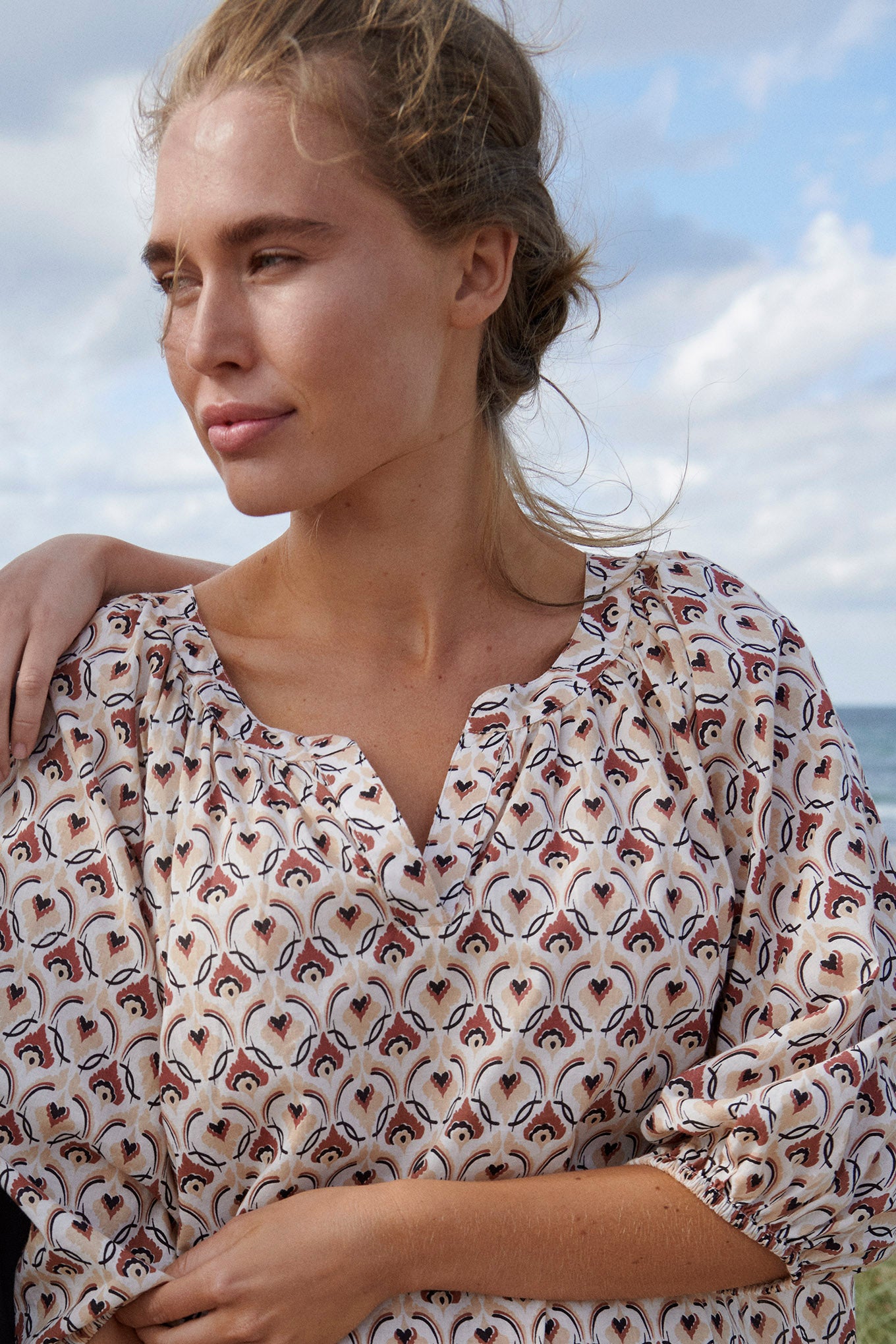 Noa Noa Lela cotton print dress with gathered neck, elbow length sleeves and hem frill.