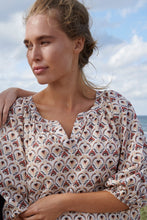 Load image into Gallery viewer, Noa Noa Lela cotton print dress with gathered neck, elbow length sleeves and hem frill.