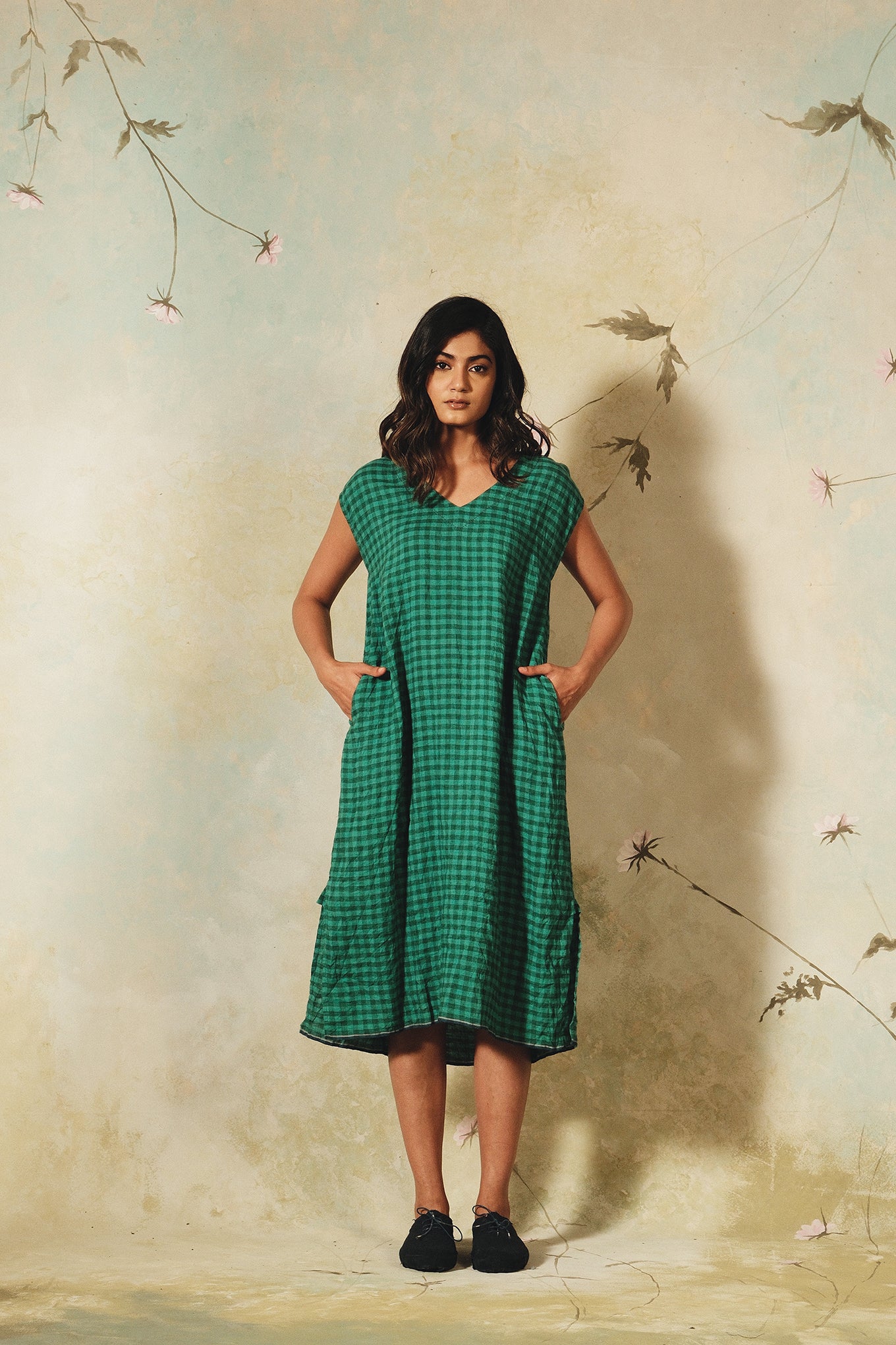 Dve emerald linen check Aparna dress.