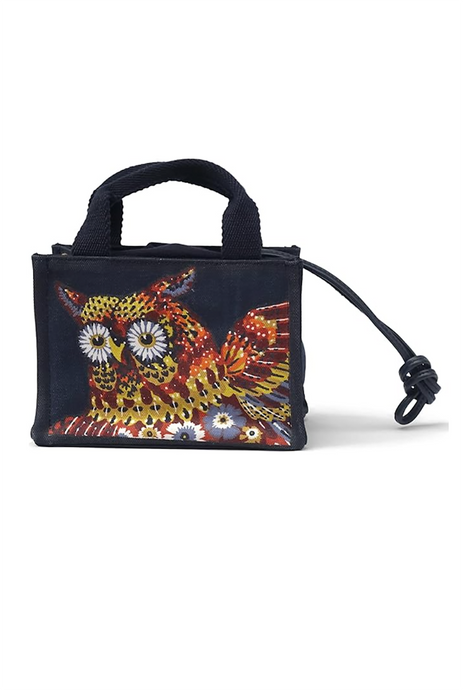 Inoui Editions mini caprice cross body tote bag Hulule floral owls on navy.