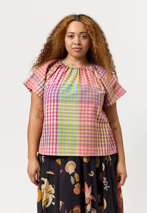 Nancybird Micci top in sunrise check, kala cotton fair trade made.