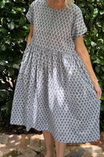 Load image into Gallery viewer, Juniper Hearth blockprint cotton Rosa dress in blue grey bhuti design.