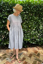 Load image into Gallery viewer, Juniper Hearth blockprint cotton Rosa dress in blue grey bhuti design.