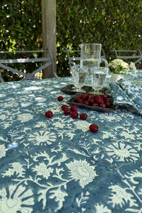 Juniper Hearth blockprint cotton table cloth in blue and white floral.